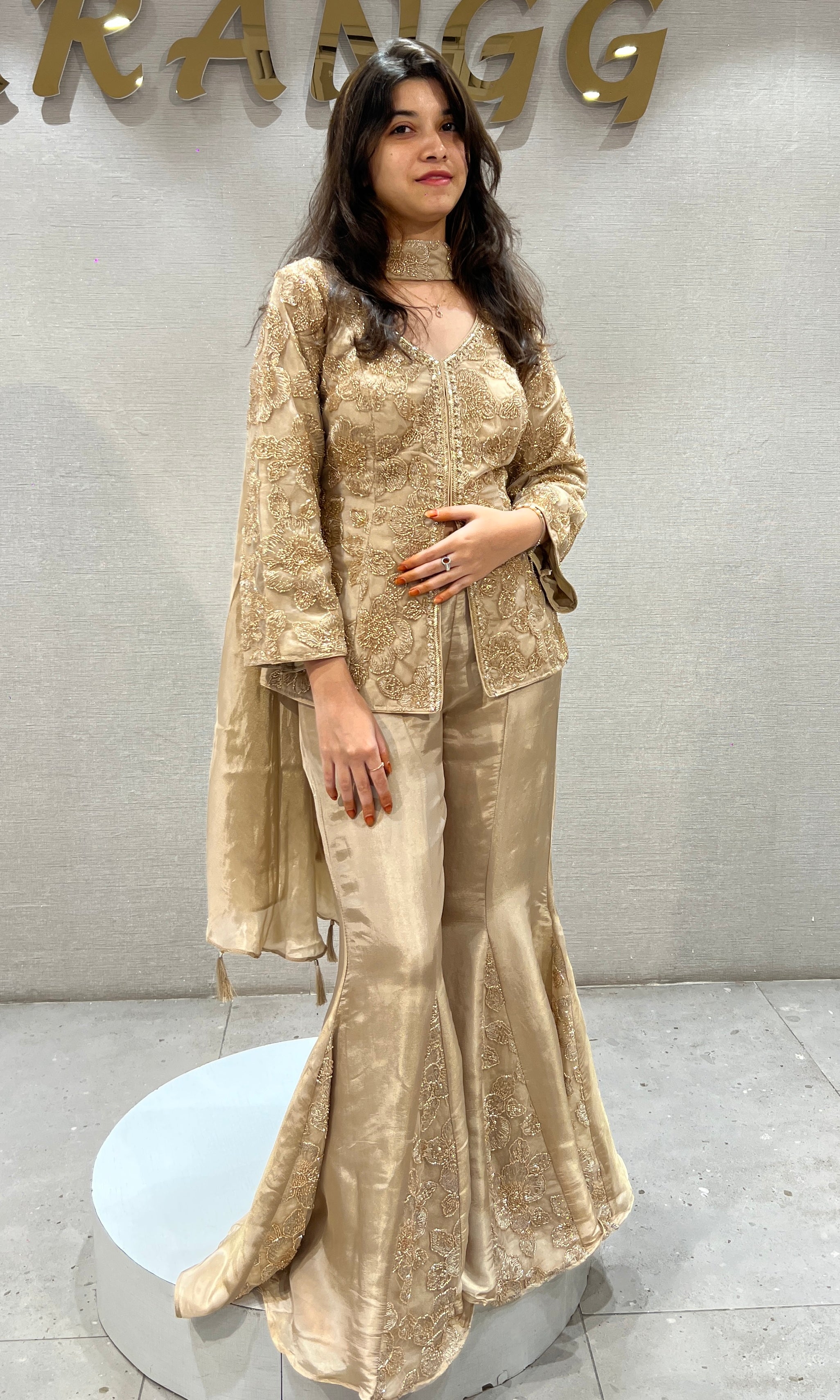 Beige and Gold Embroidered Palazzo set