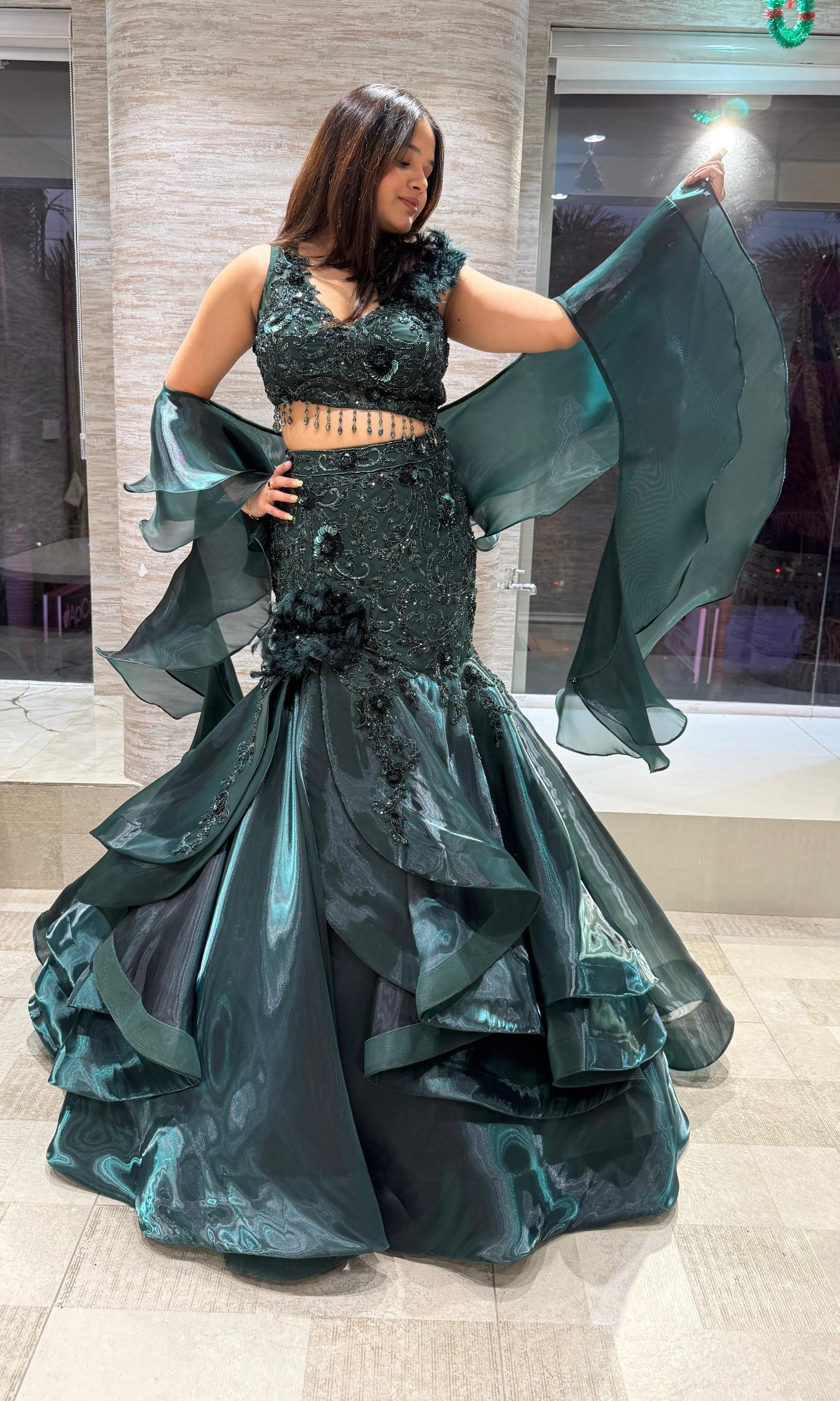 green Emerald Ruffle Lehenga