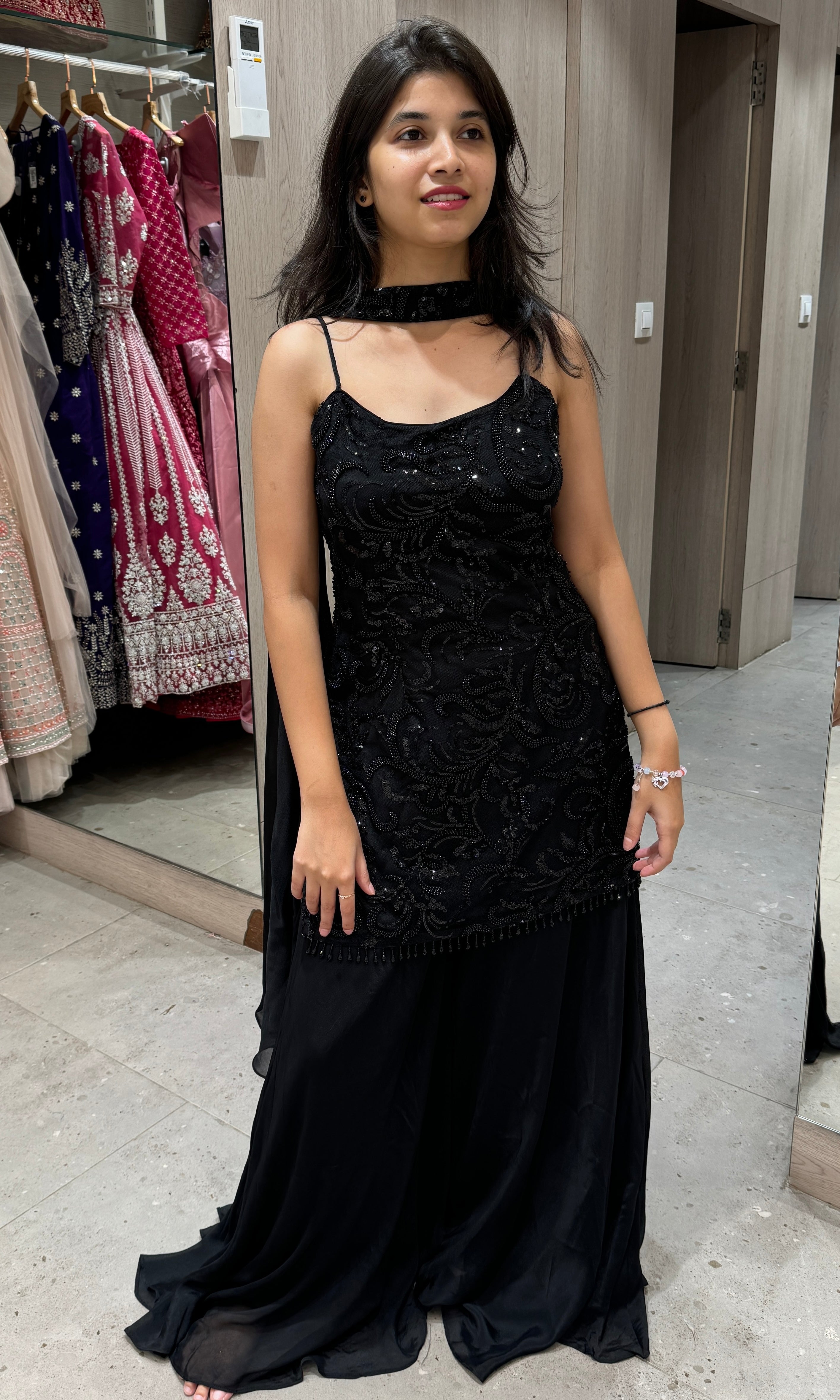 Black on black Sequins palazzo set with choker long asymmetrical dupatta