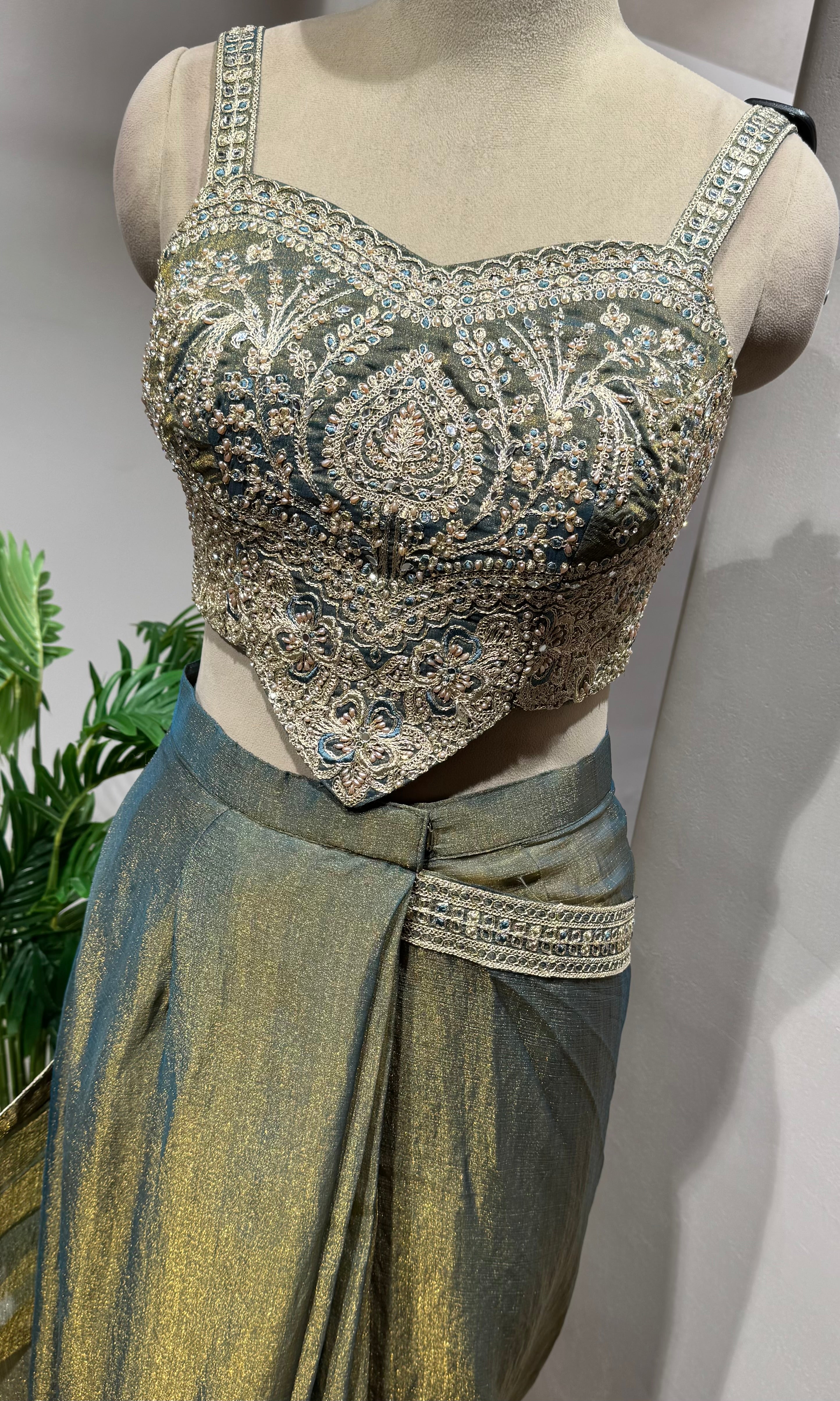 Green and Silver Shimmer drape Saree