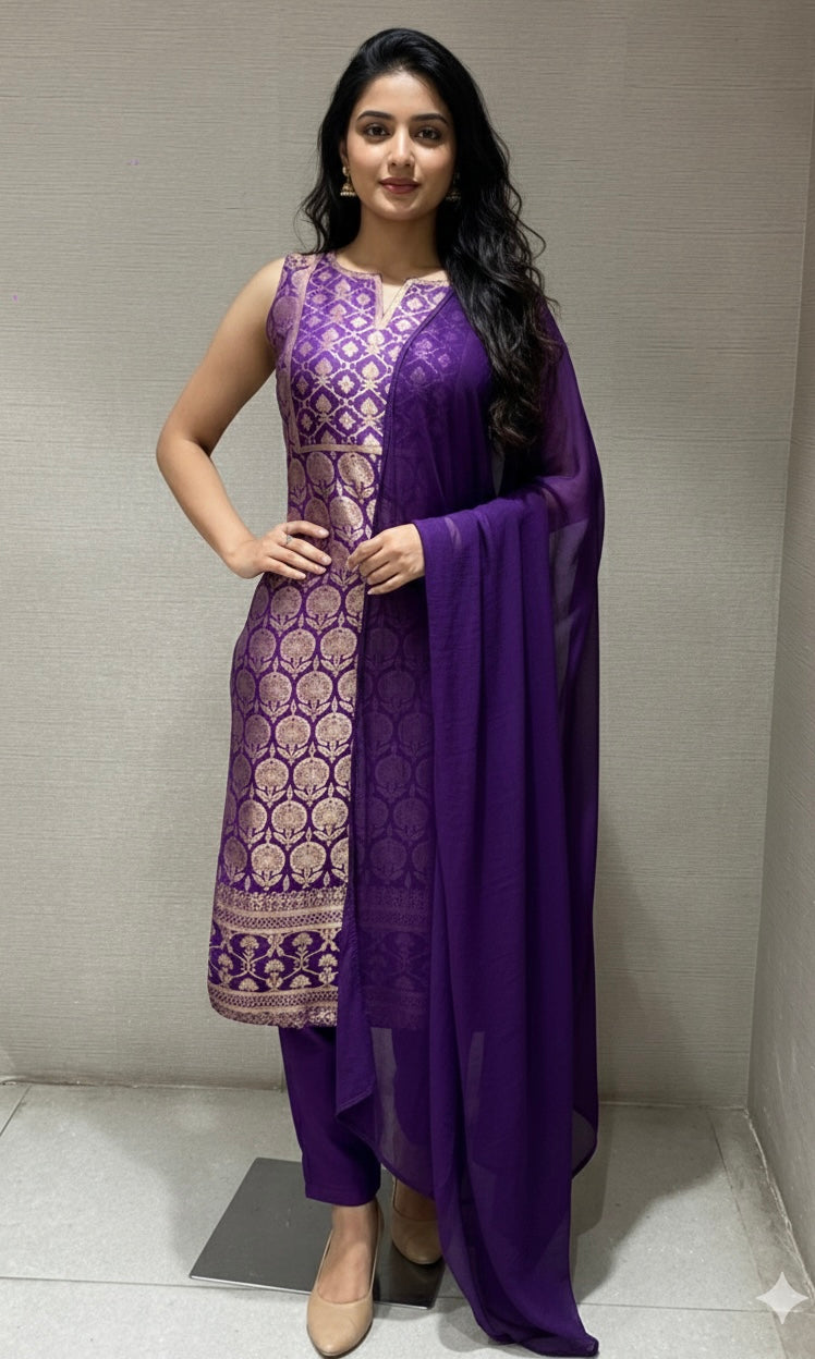 Purple Silk KURTA SET with Golden Embroidery