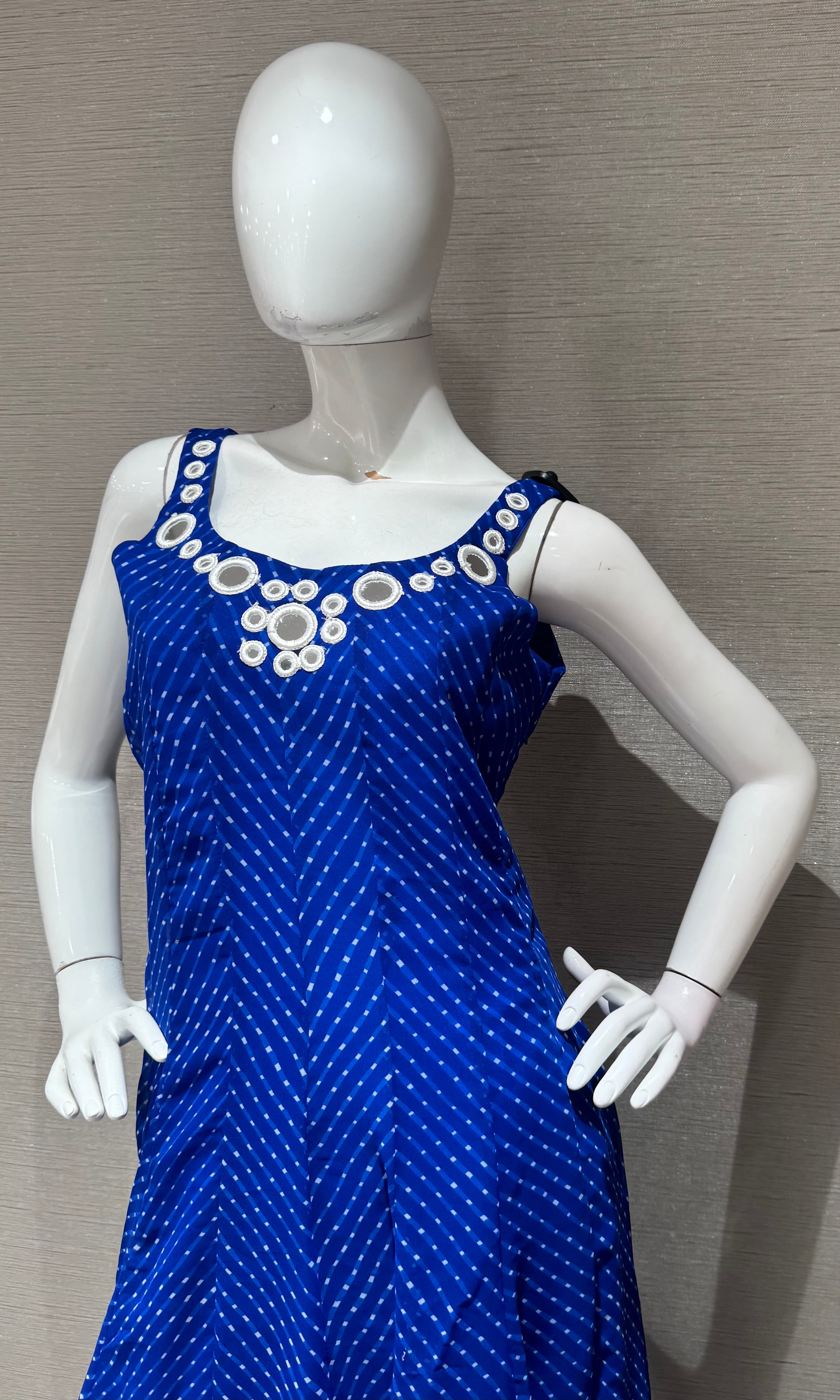 Blue bandhani print and intricate mirror anarkali set