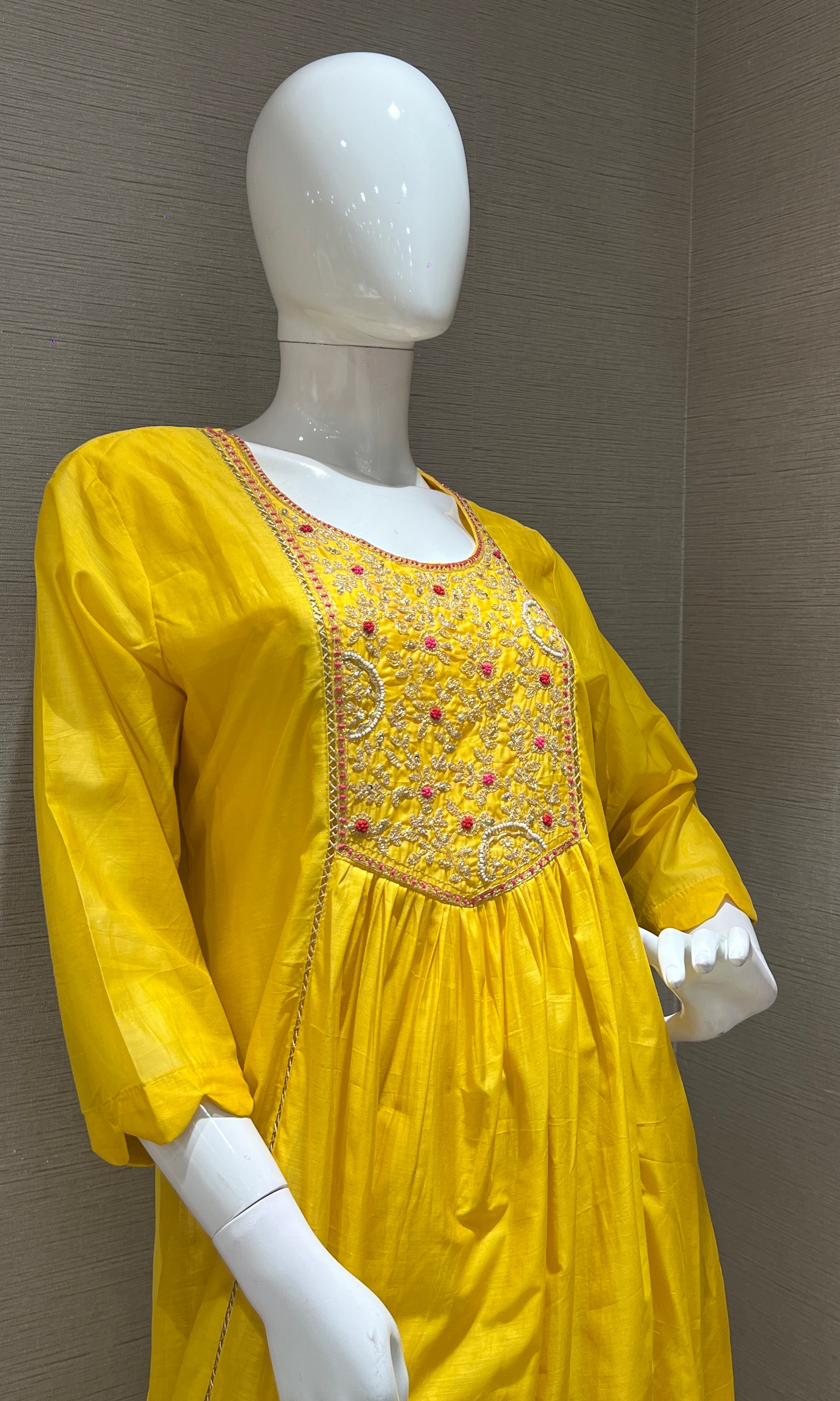 Yellow MUL CHANDERI ANARKALI KURTA SET