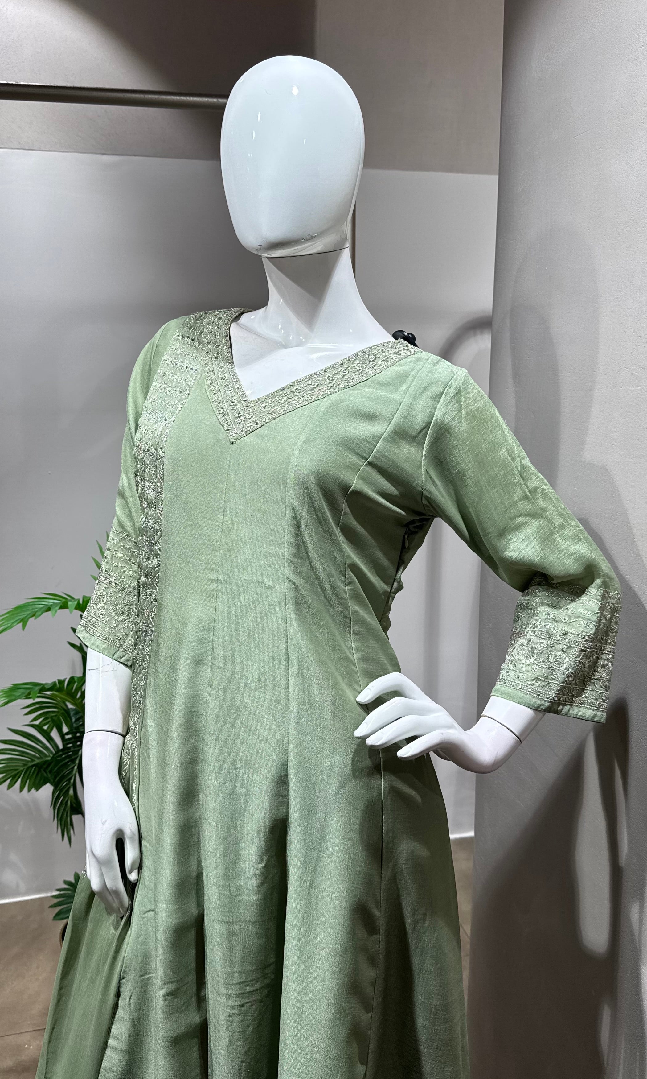 Pista Green Silk Blend Anarkali Ensemble