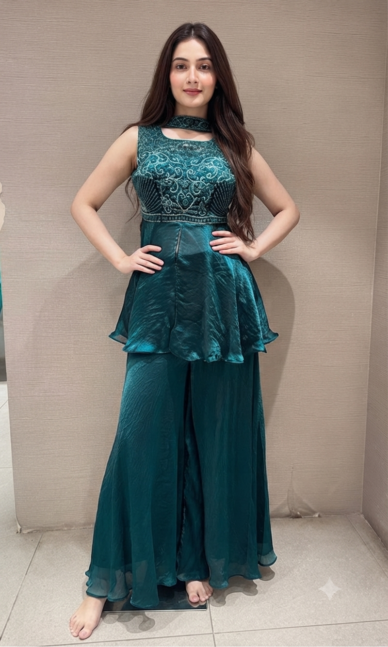 Green Embellished Peplum Palazzo set