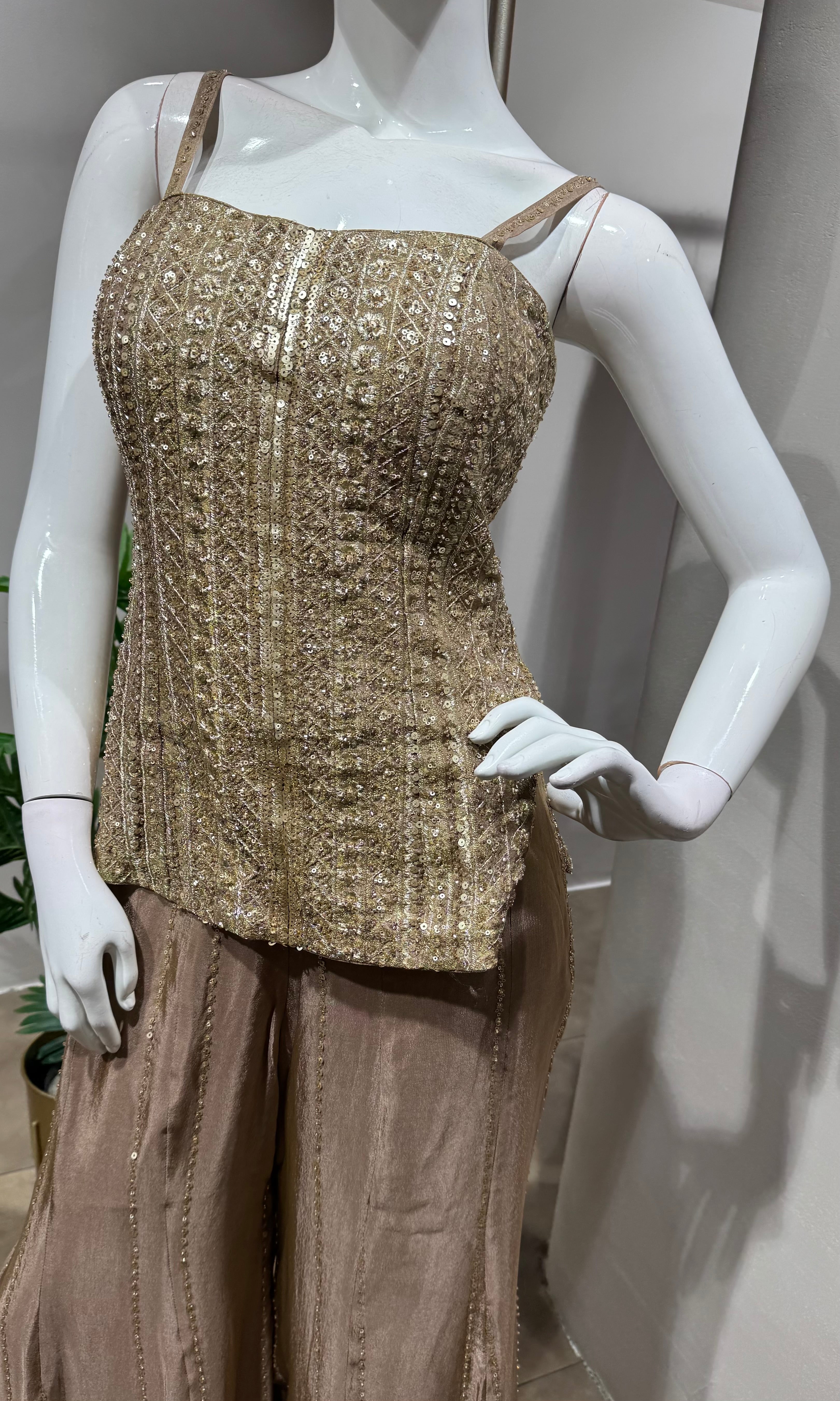 gold mirror work embroidered sharara set