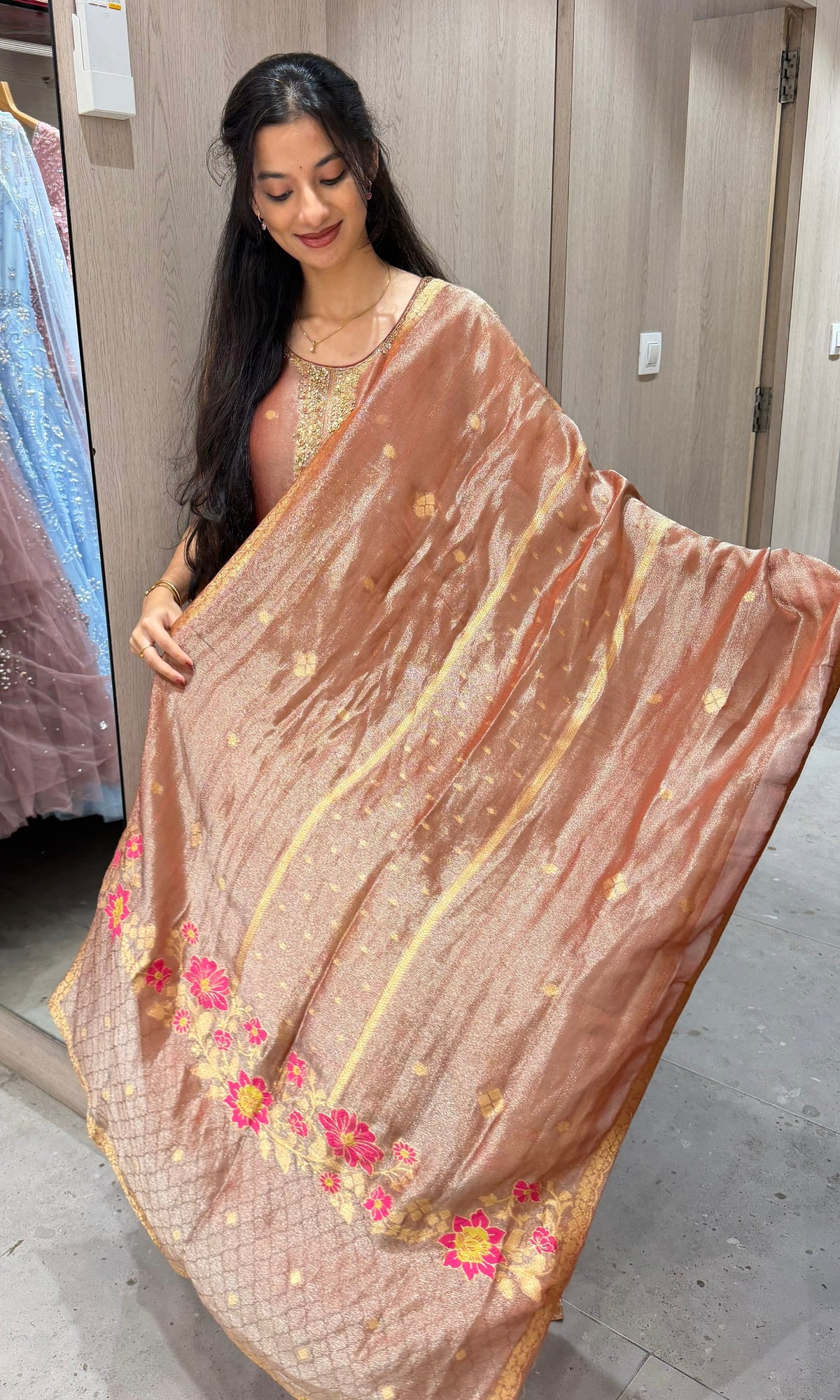 Rust floral Tissue Silk Banarasi kurta Set with dupatta