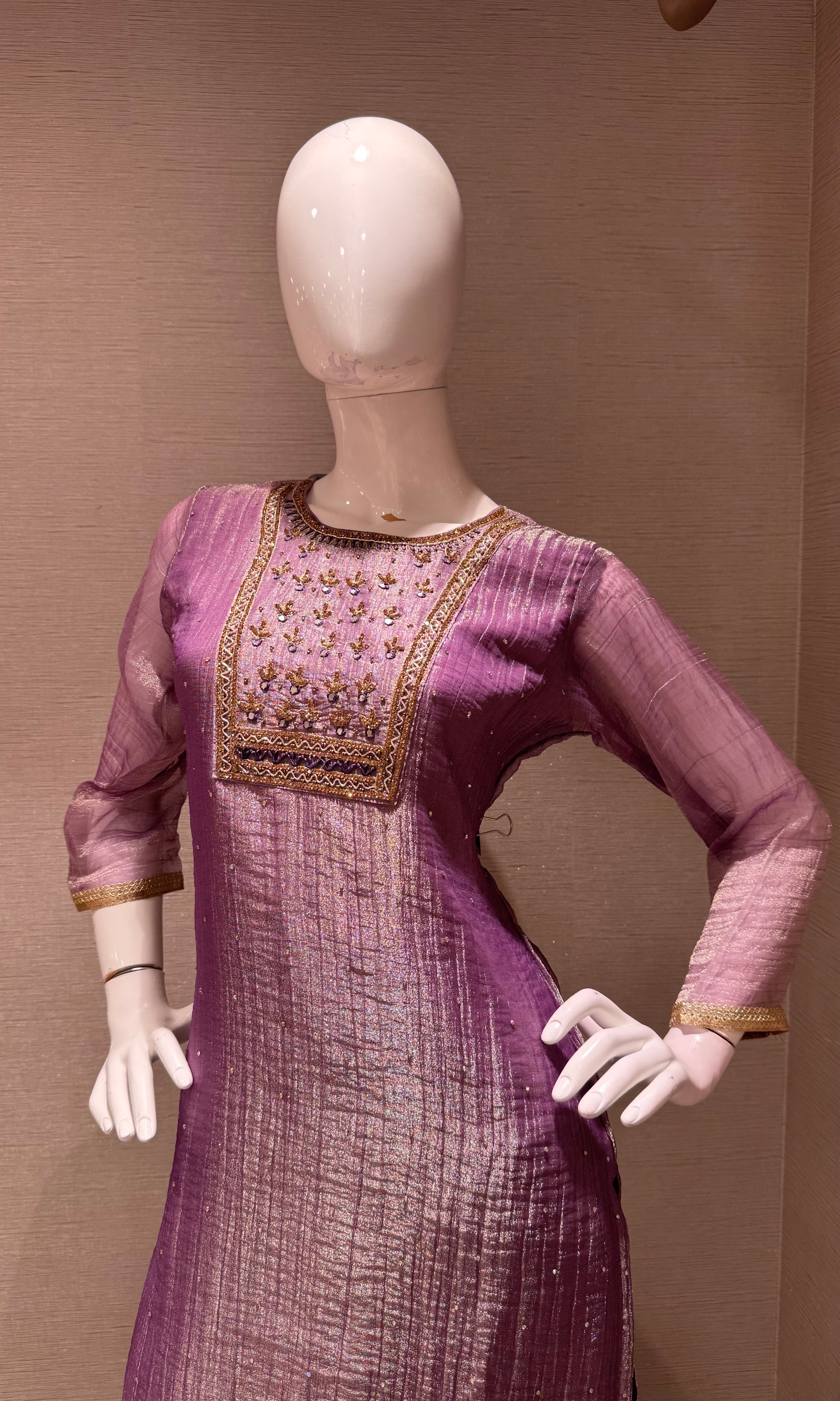 Lavender Tissue silk Salwar Kurta set with Gold Embroidery