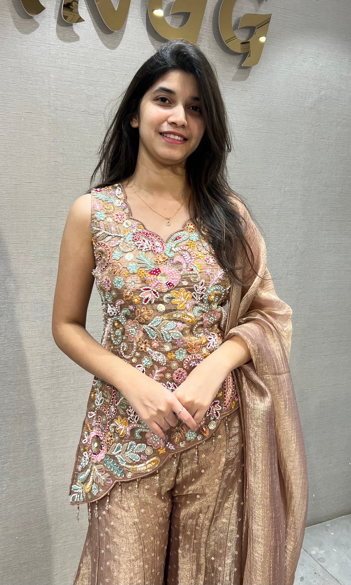Peach Shimmer Embellished Floral Palazzo set with dupatta