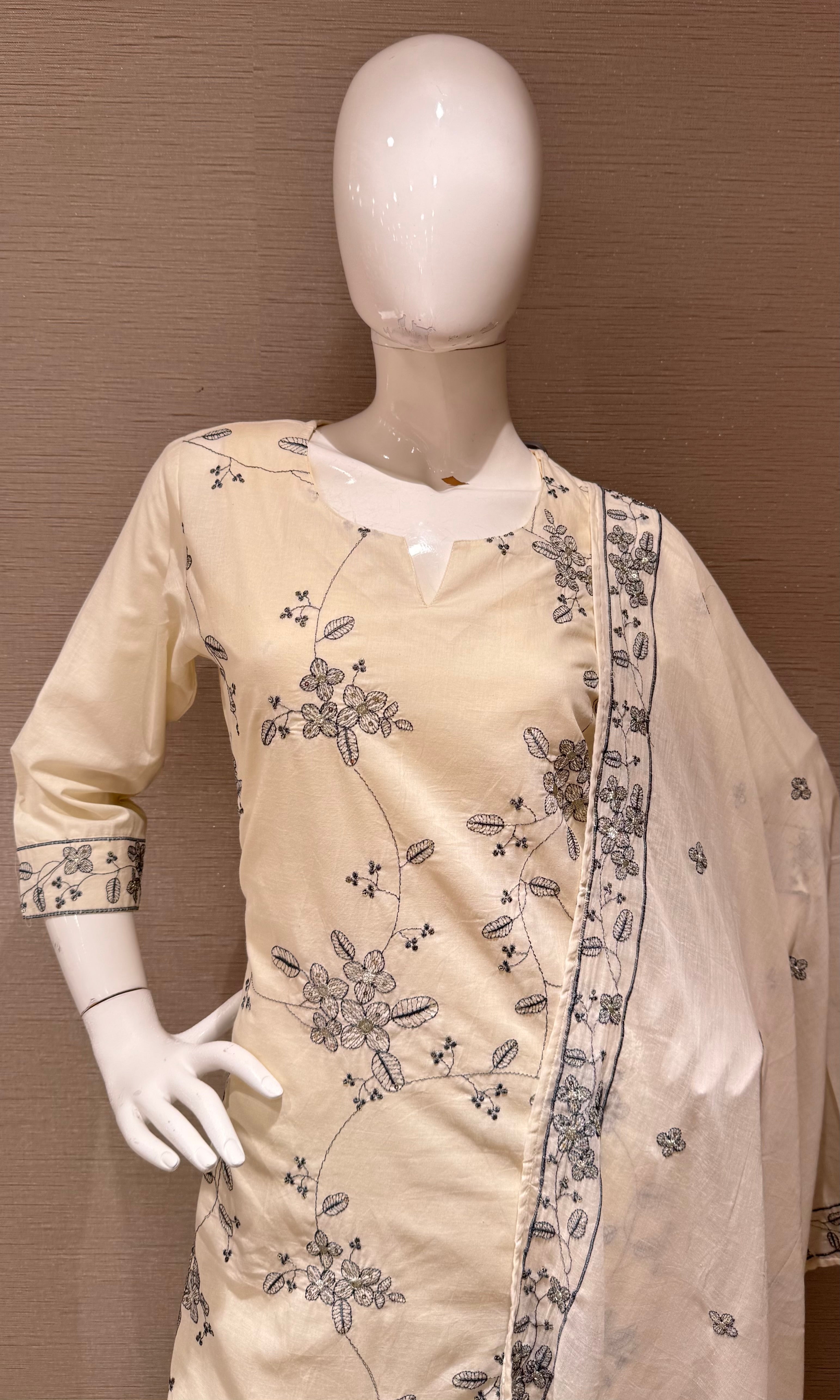 White Floral Embroidered Straight Kurta SET