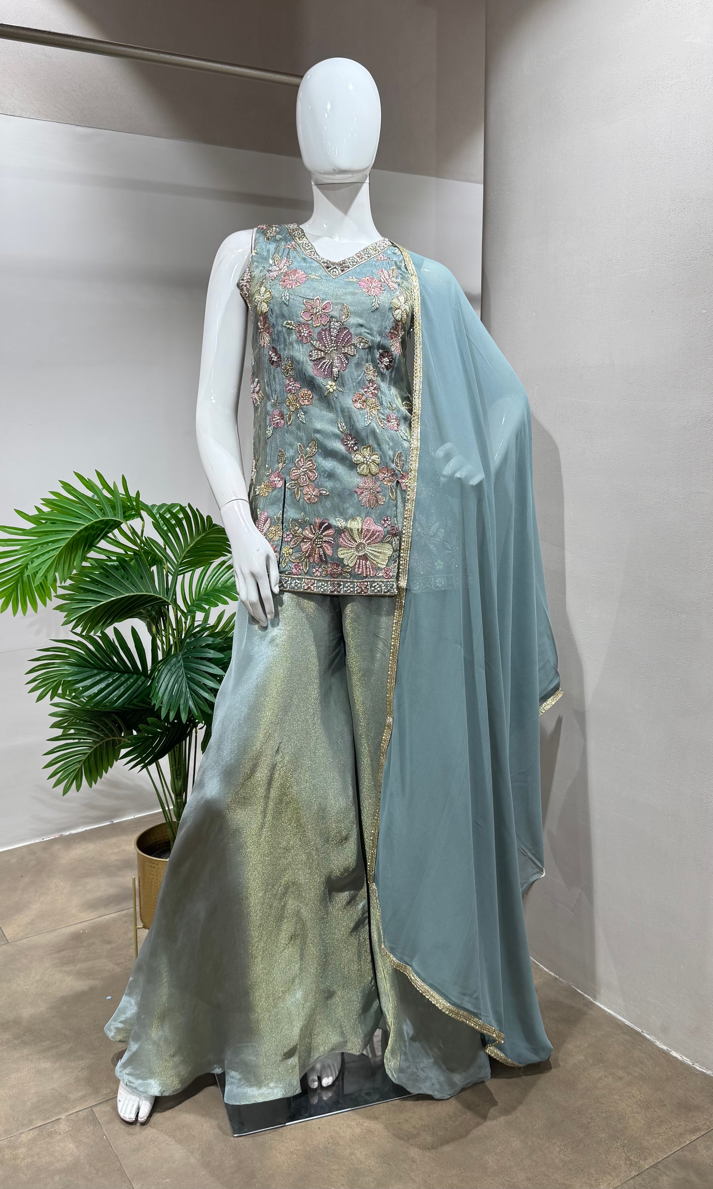 green Tissue Sharara Set with Floral Embroidery