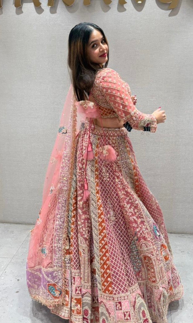 blush pink multicolored embroidered lehenga