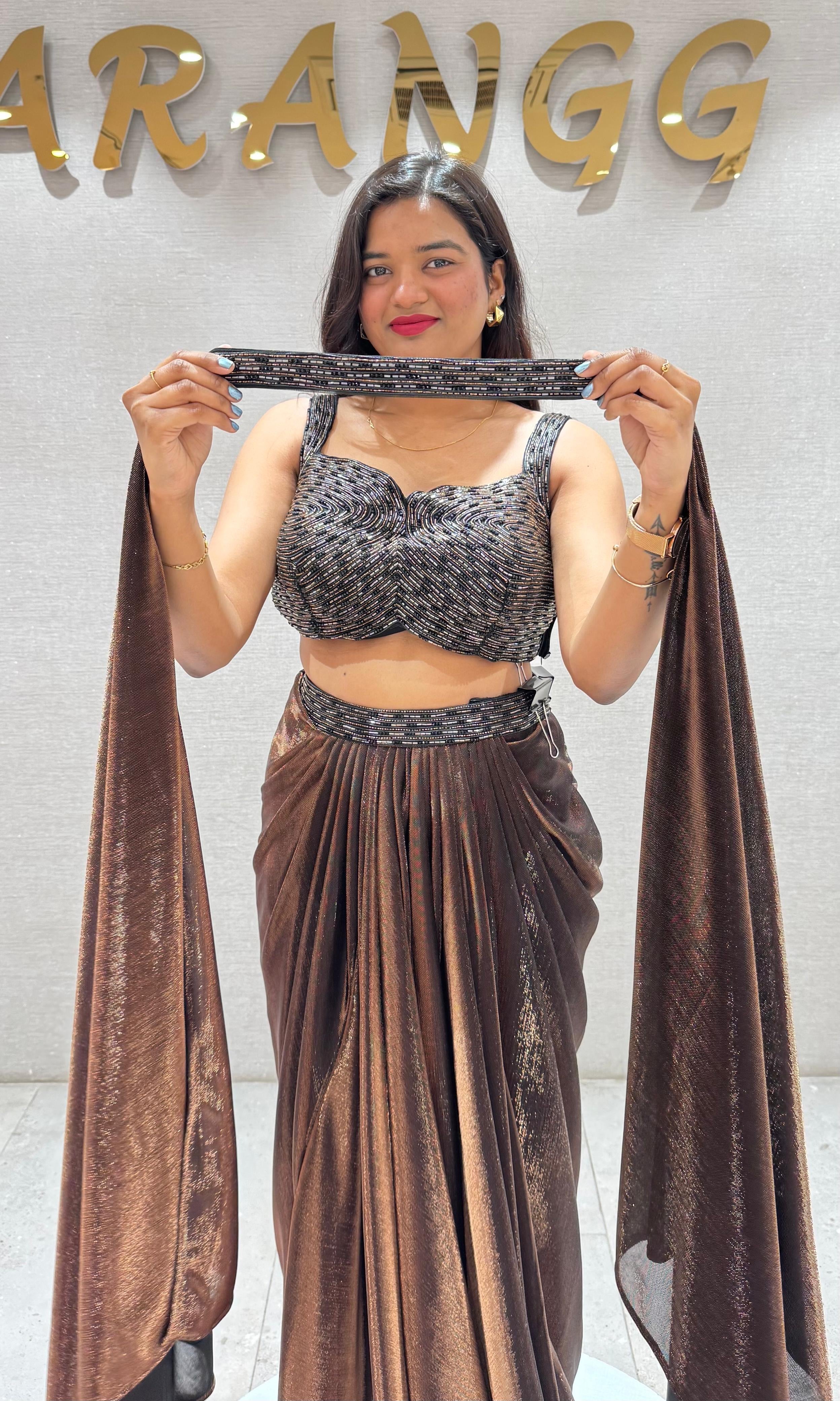 Brown SHIMMERING DRAPE SKIRT WITH BLOUSE