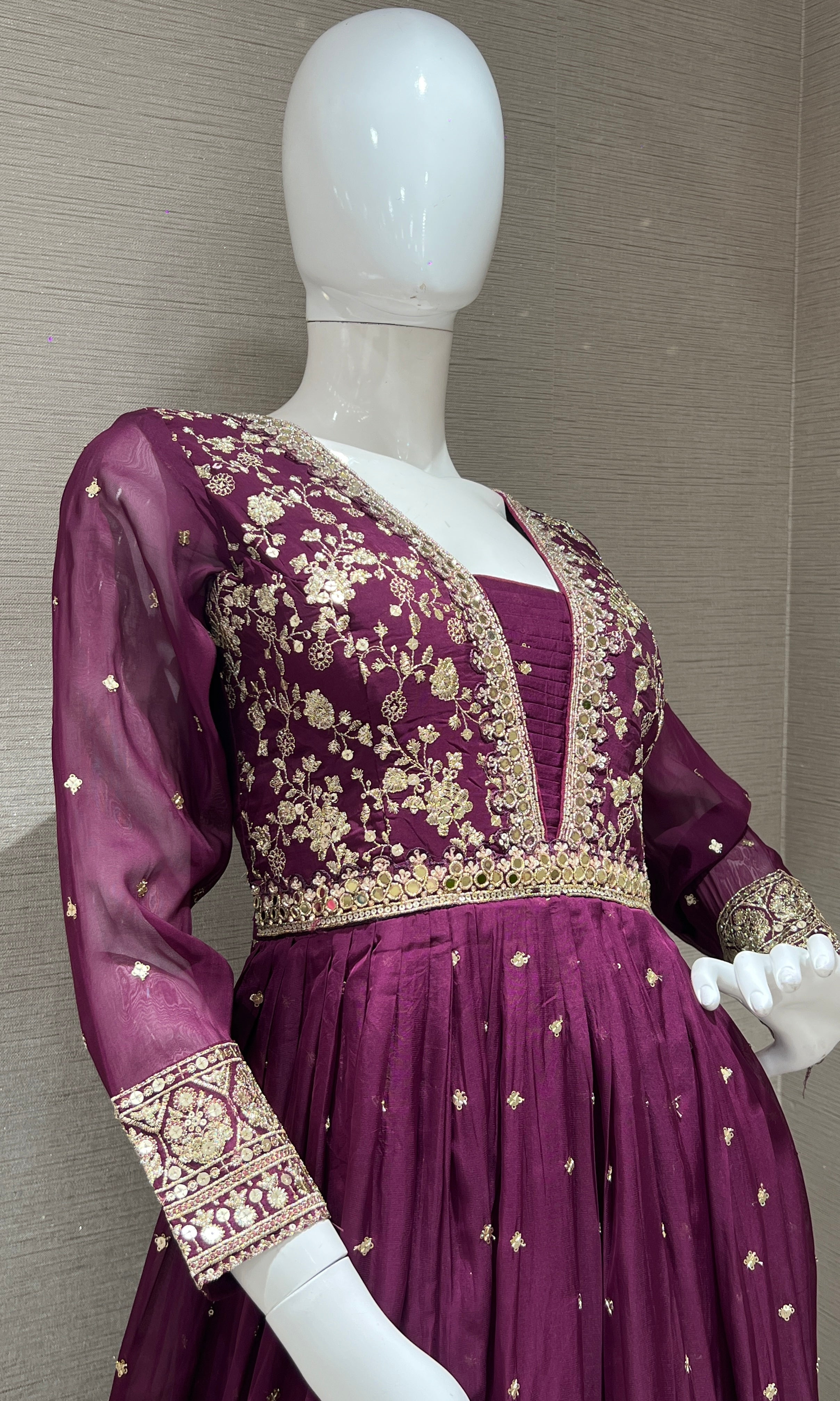 wine long anarkali with gold embroidered