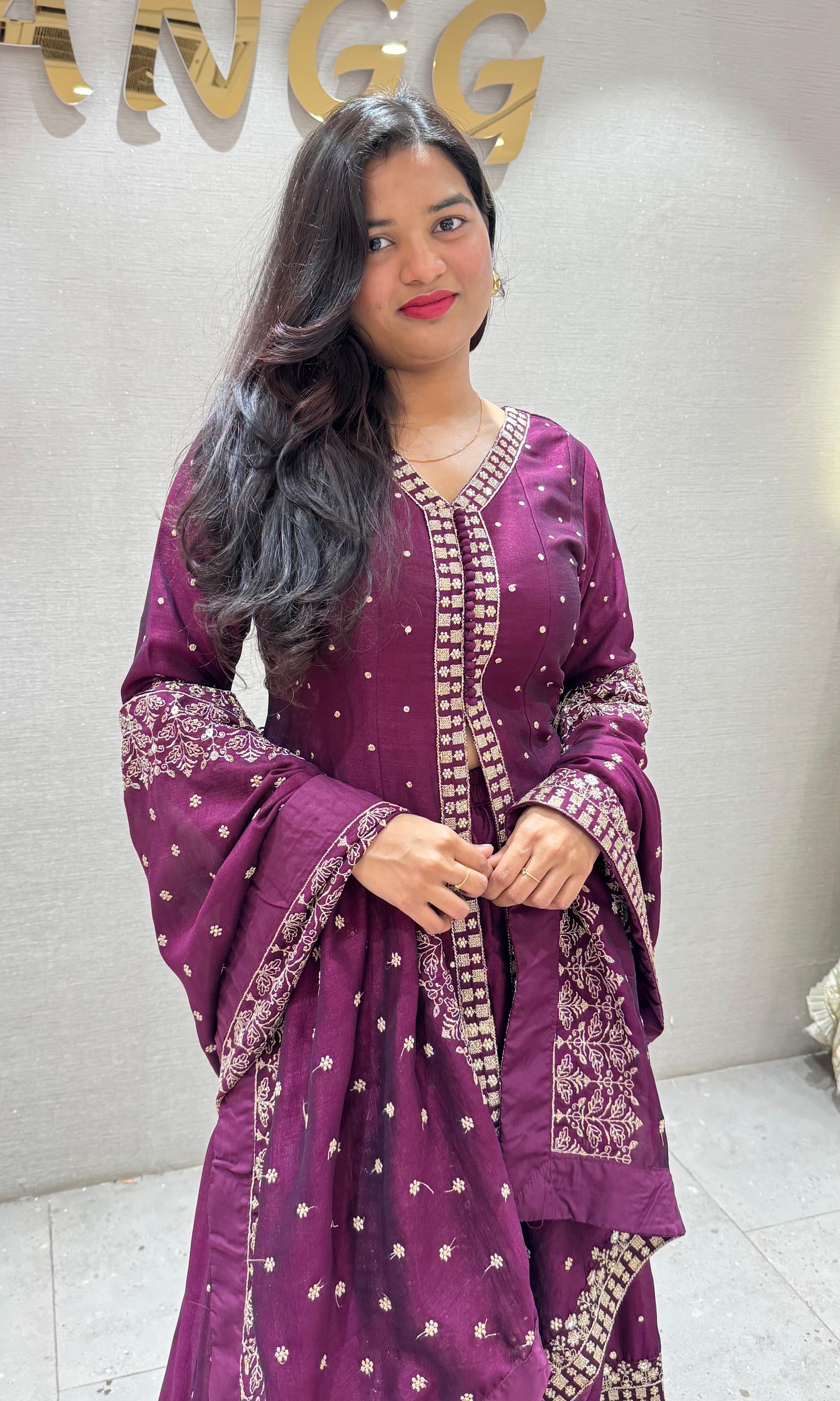 Wine FRONT SLIT EMBROIDERED ANARKALI