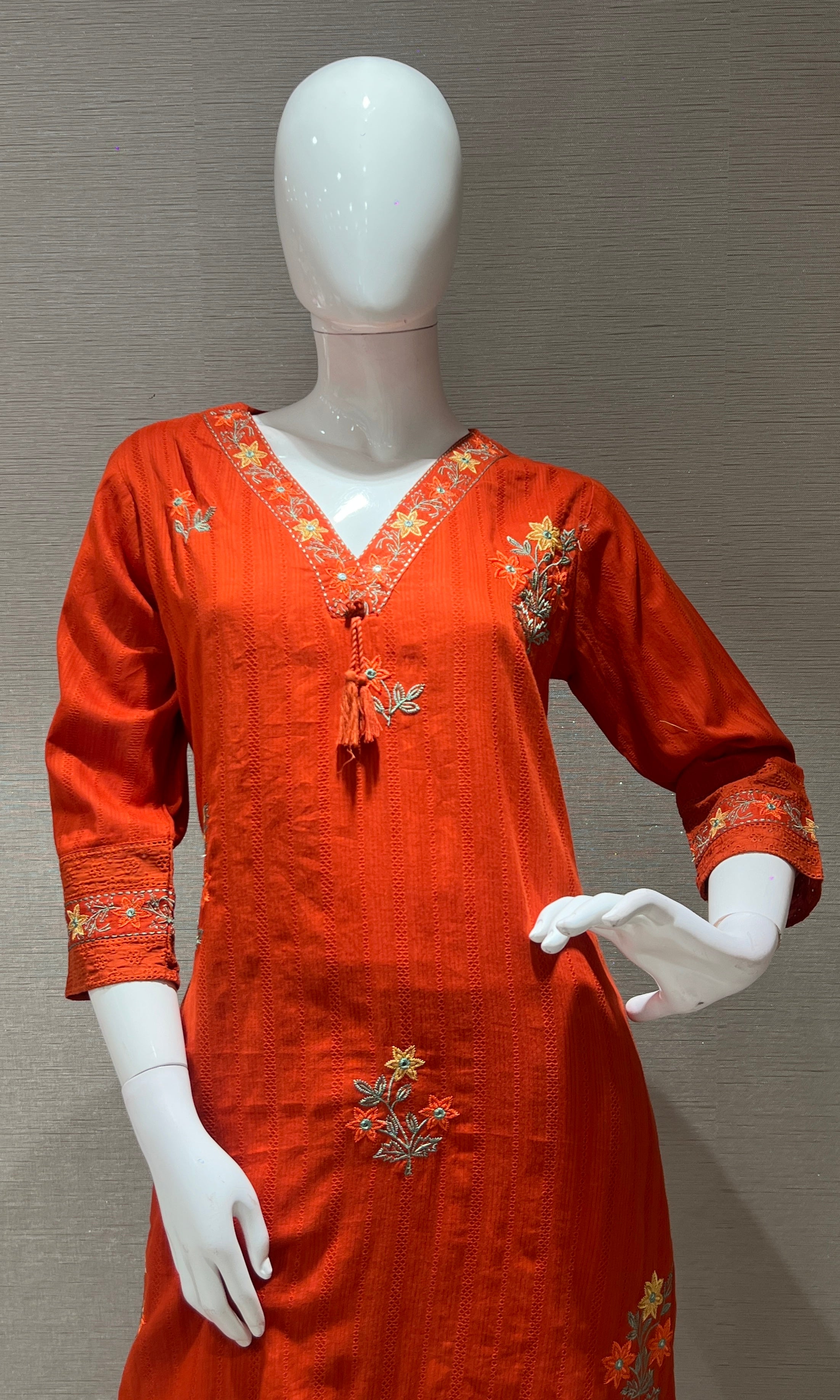 Rust Orange Floral Embroidered Kurta Set