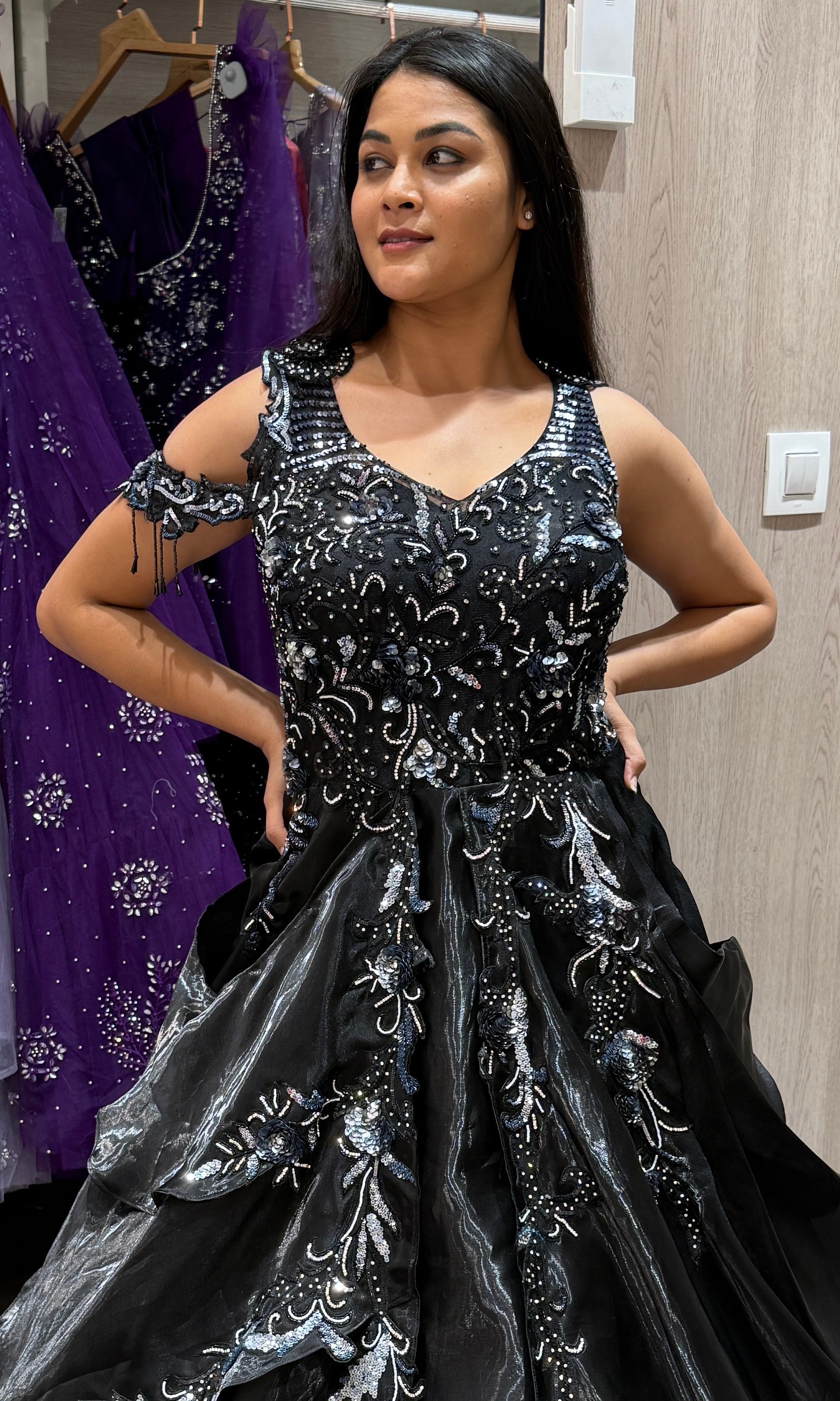 Black long dress,frock with full designer work