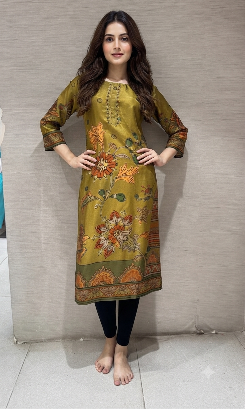 Mustard Green Floral Motif Kurta Top