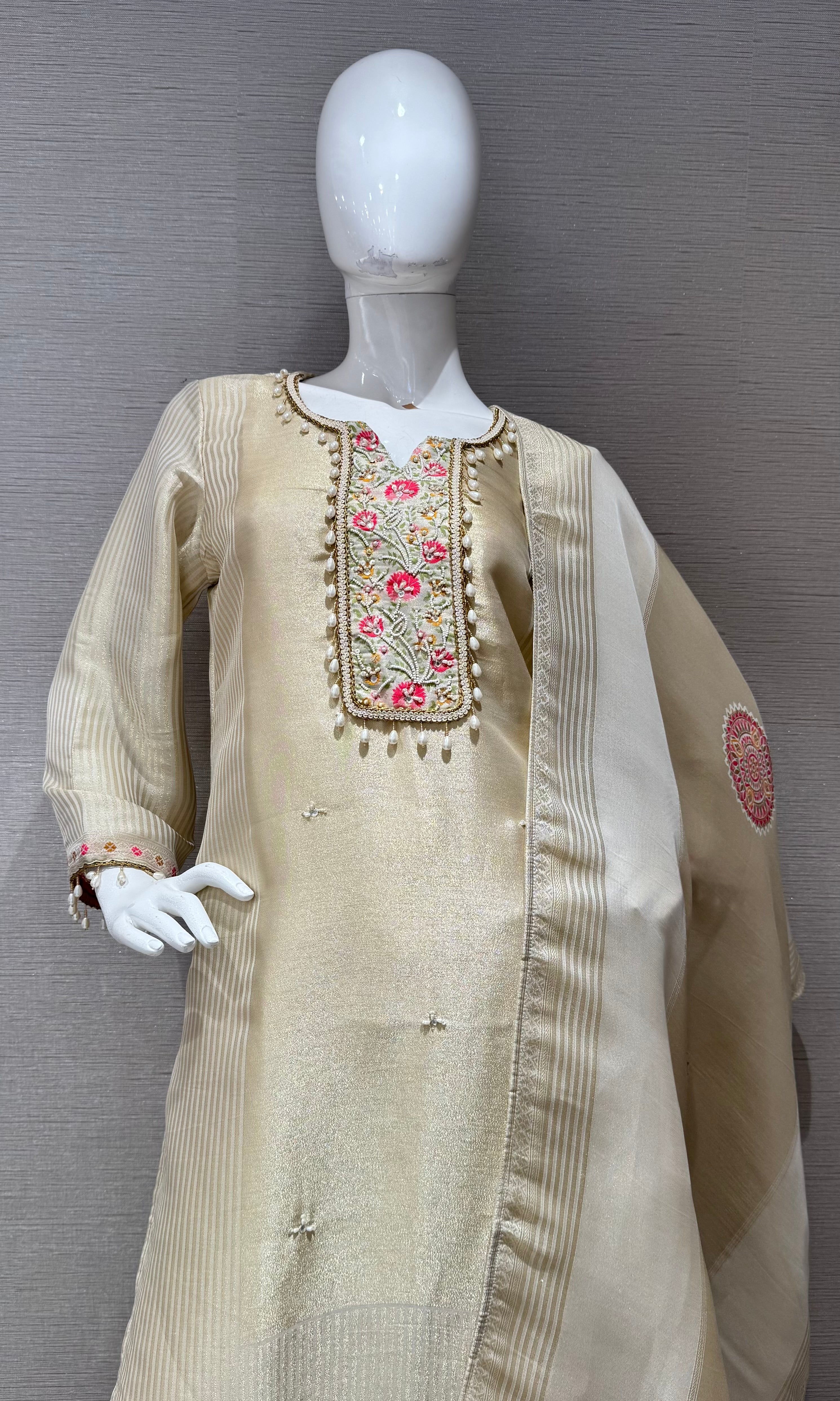 Cream Bloom Embroidered Kurta Set