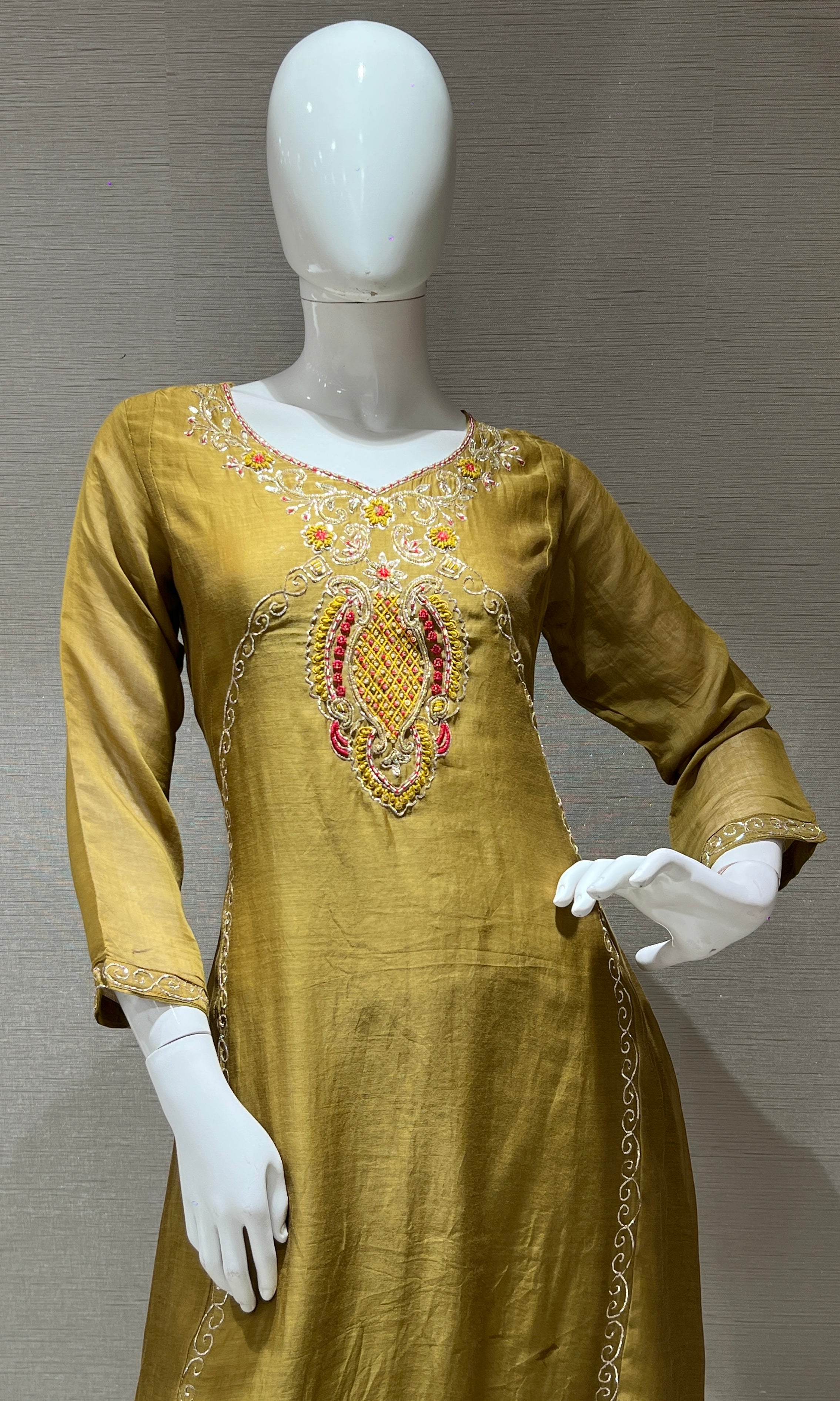 olive green embroidered MUL CHANDERI kurta set