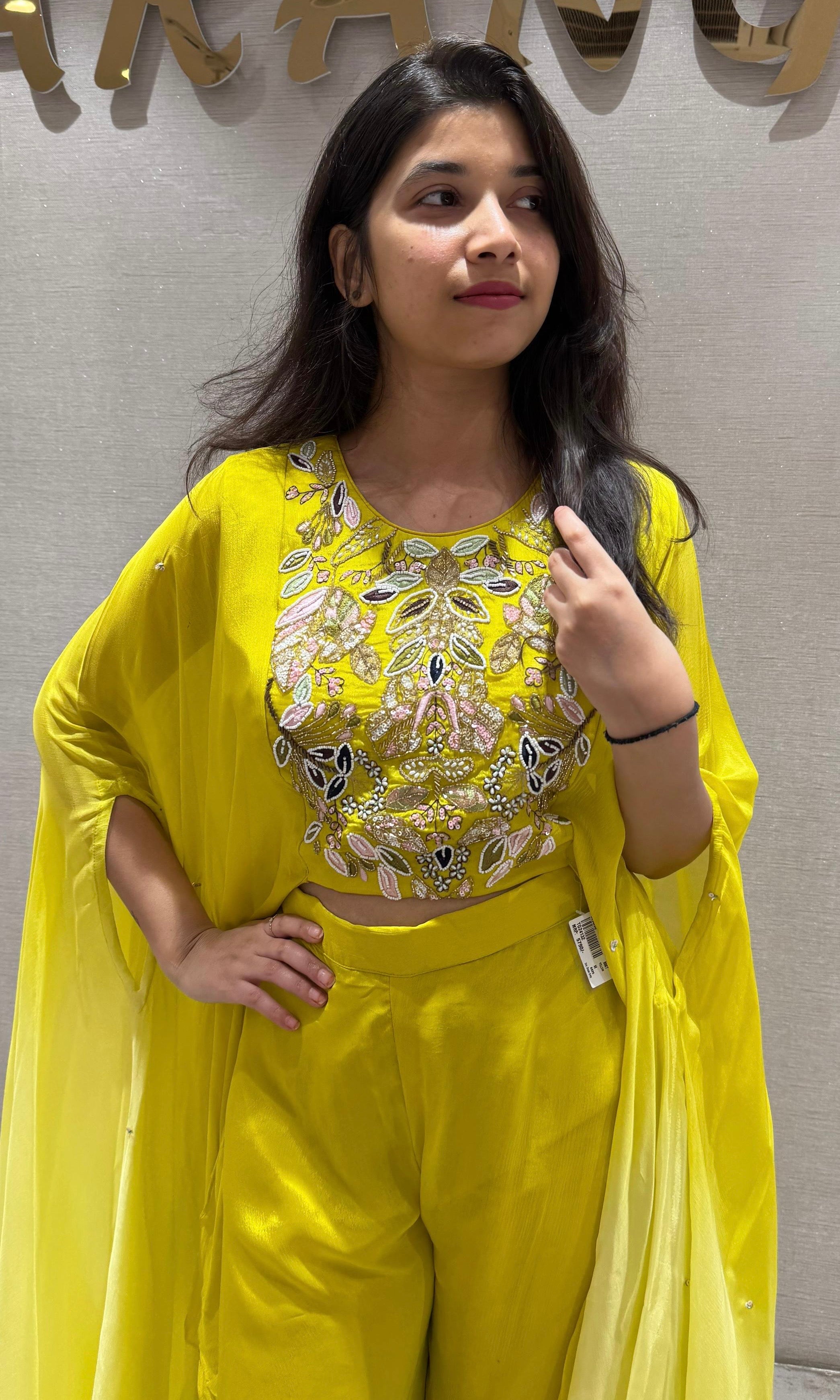 Yellow embroidered palazzo with a cape