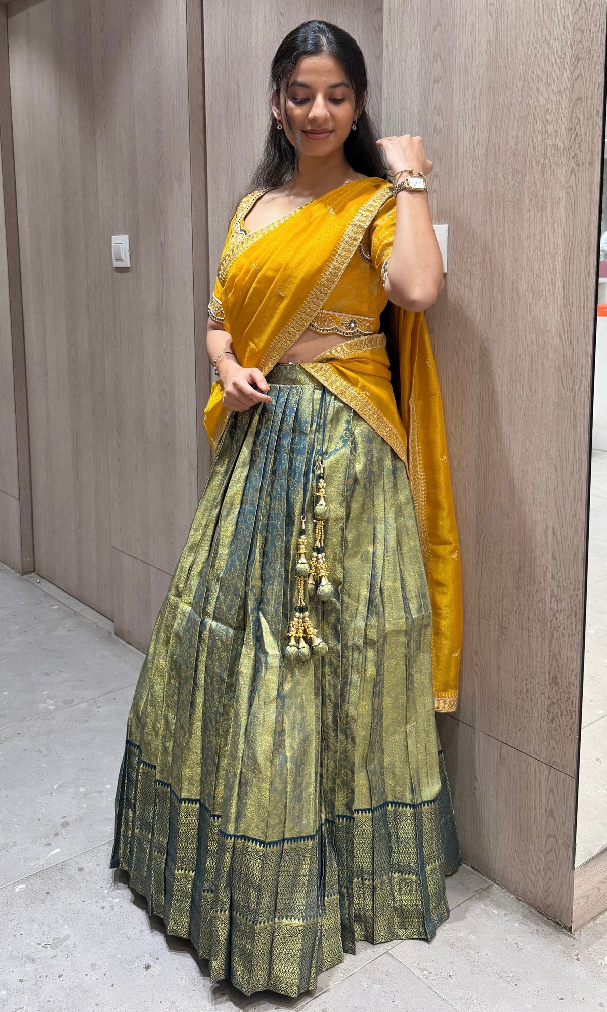 Green and yellow pattu Lehenga