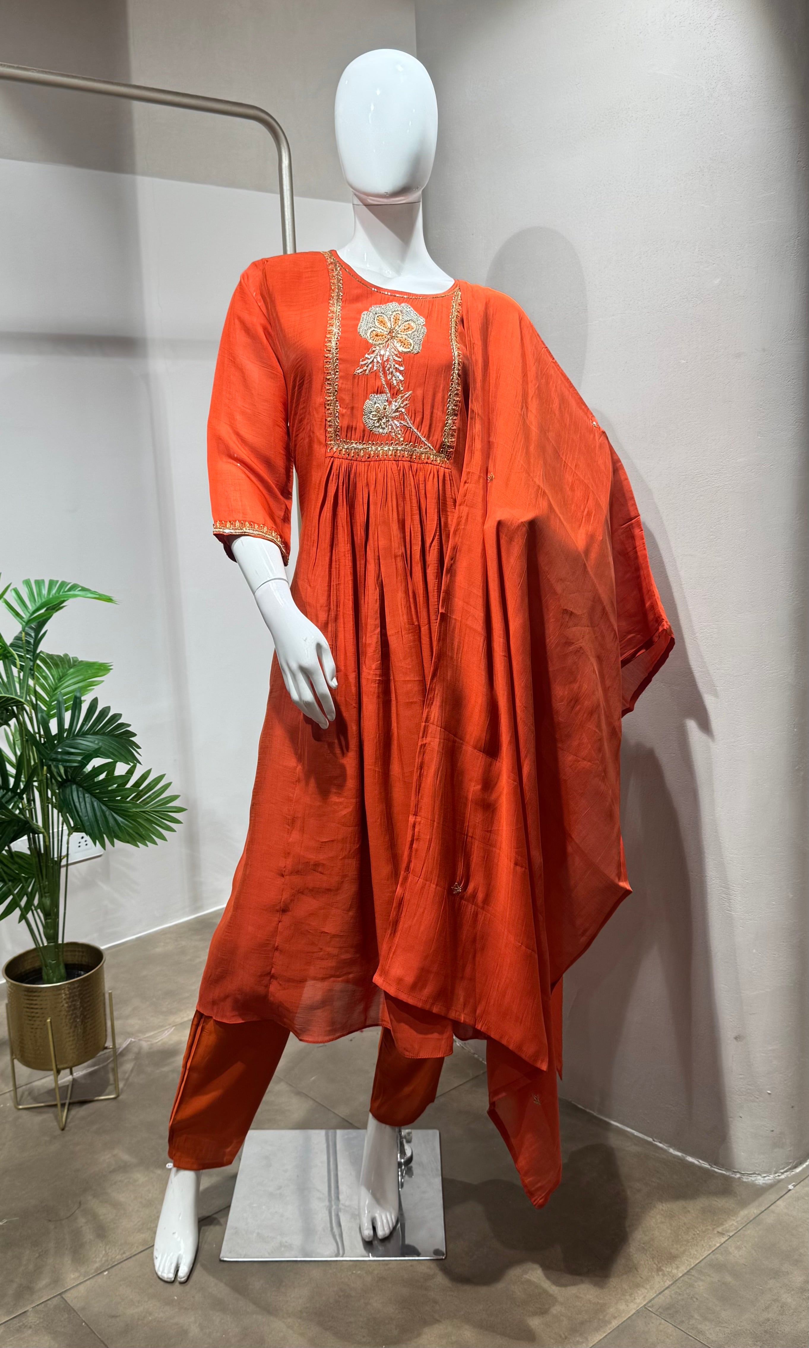 Orange blossom floral embroidered kurta set