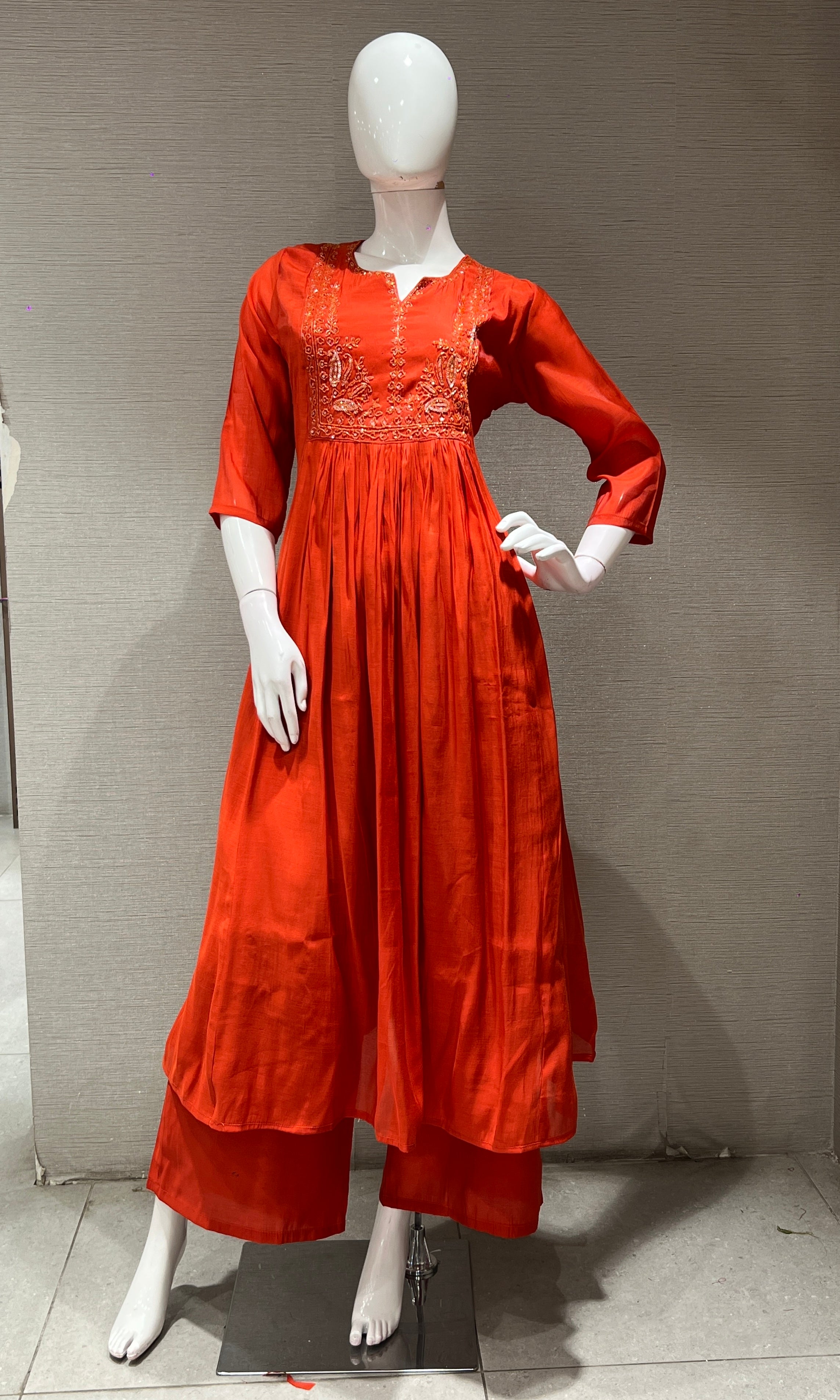 Rust MUL CHANDERI kurta set with palazzo pants