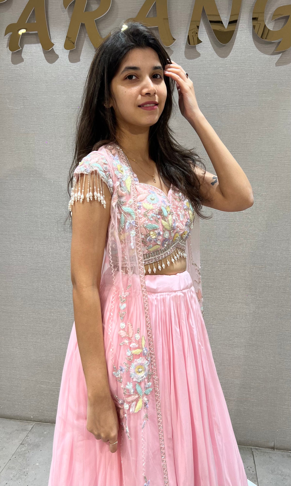 Blush Pink Floral Embroidered Crop Top Lehenga