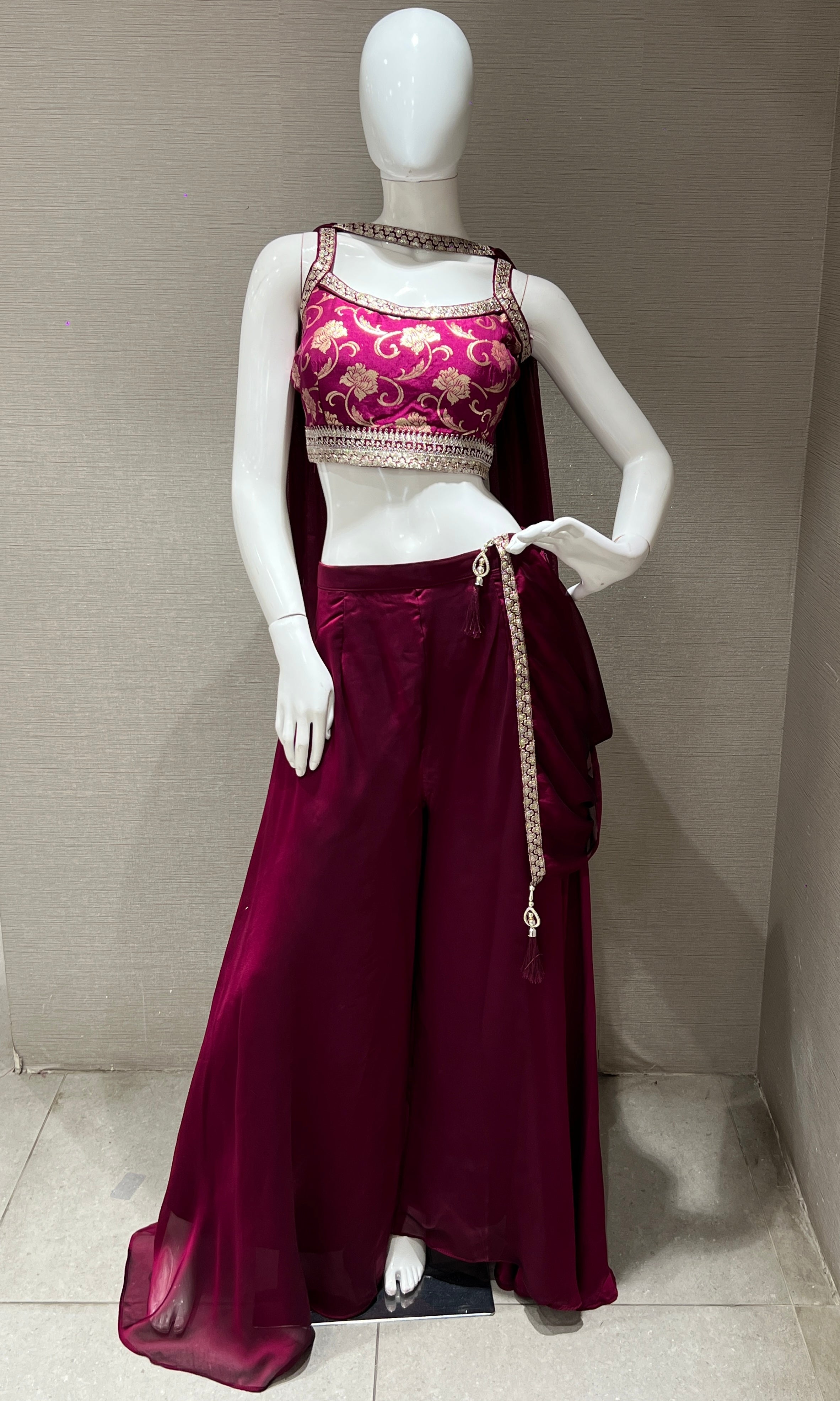 wine Embellished Blouse with Flowy Palazzo