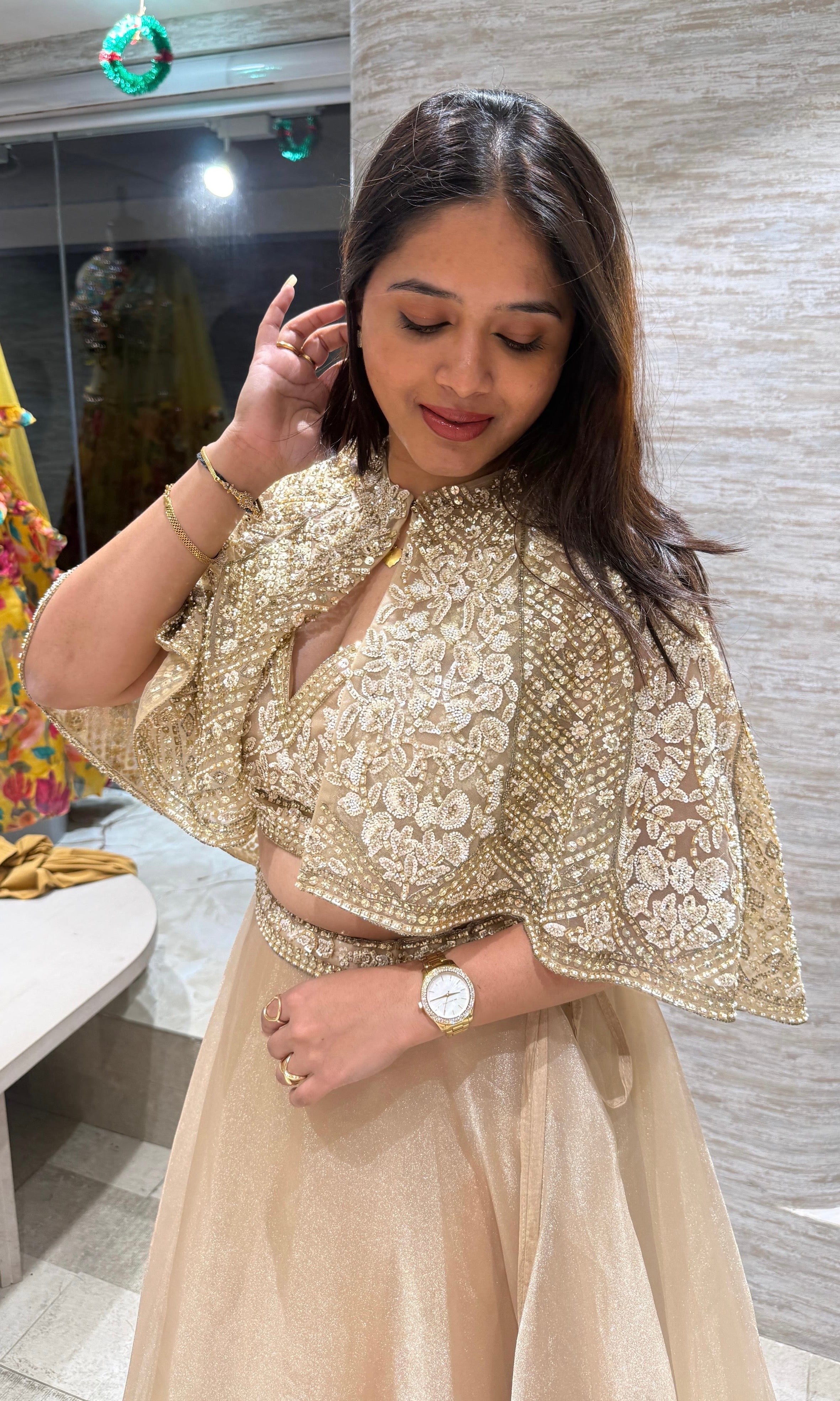 GOLD TISSUE LEHENGA WITH CAPE