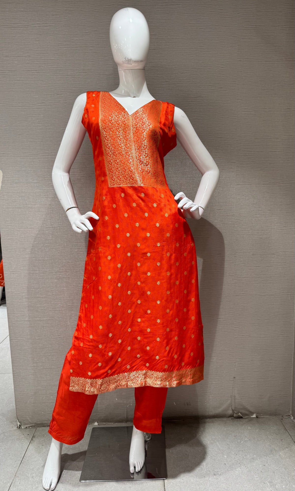 Orange Banarasi silk Kurta set with Golden Border dupatta