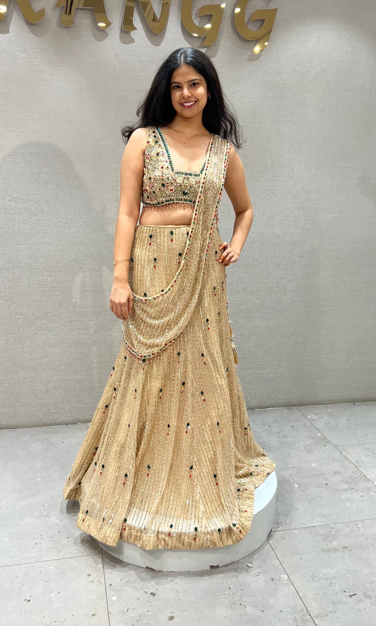 Gold Net Mermaid Lehenga with Jewel Stone & Cutdana Embroidery