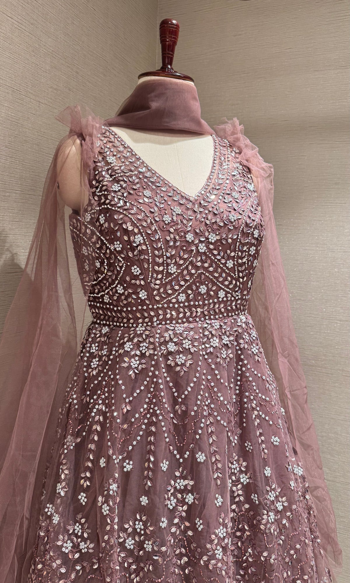 Mauve Embroidered Tulle Gown with Net Flare