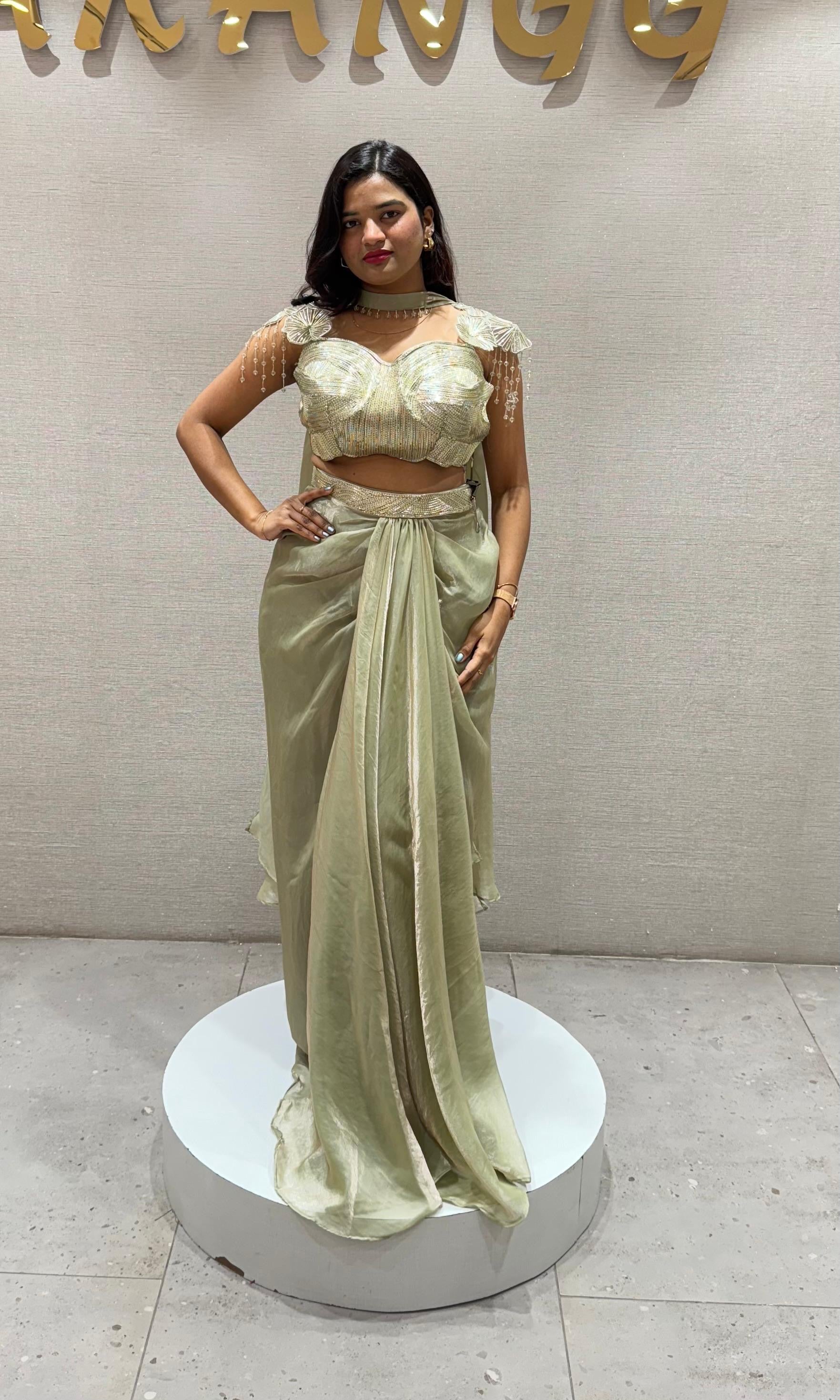 GREEN draped SKIRT with embellished blouse