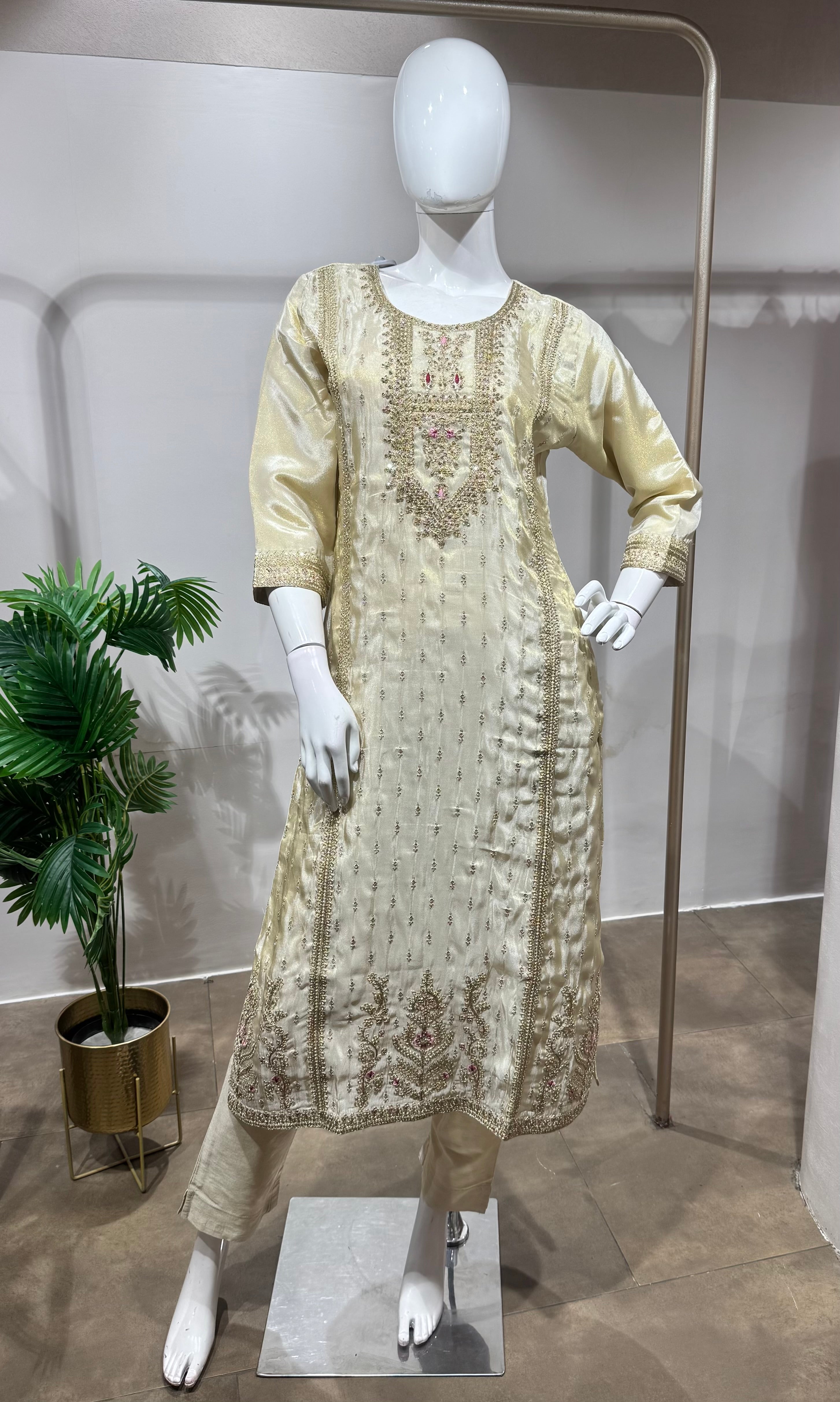 Cream Embroidered Salwar Set with Pink Dupatta