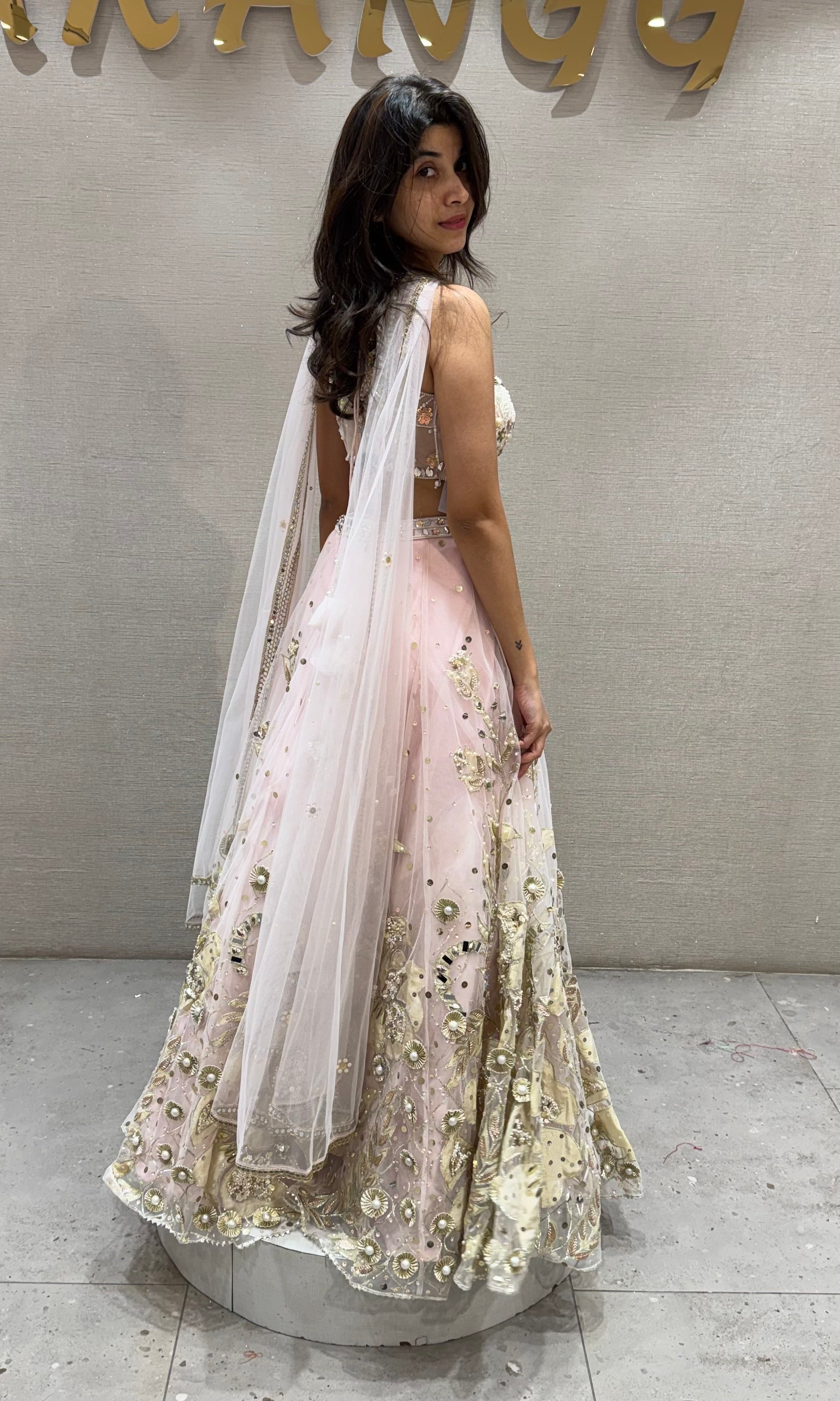 Pastel Pink Net Embroidered Bridal Lehenga