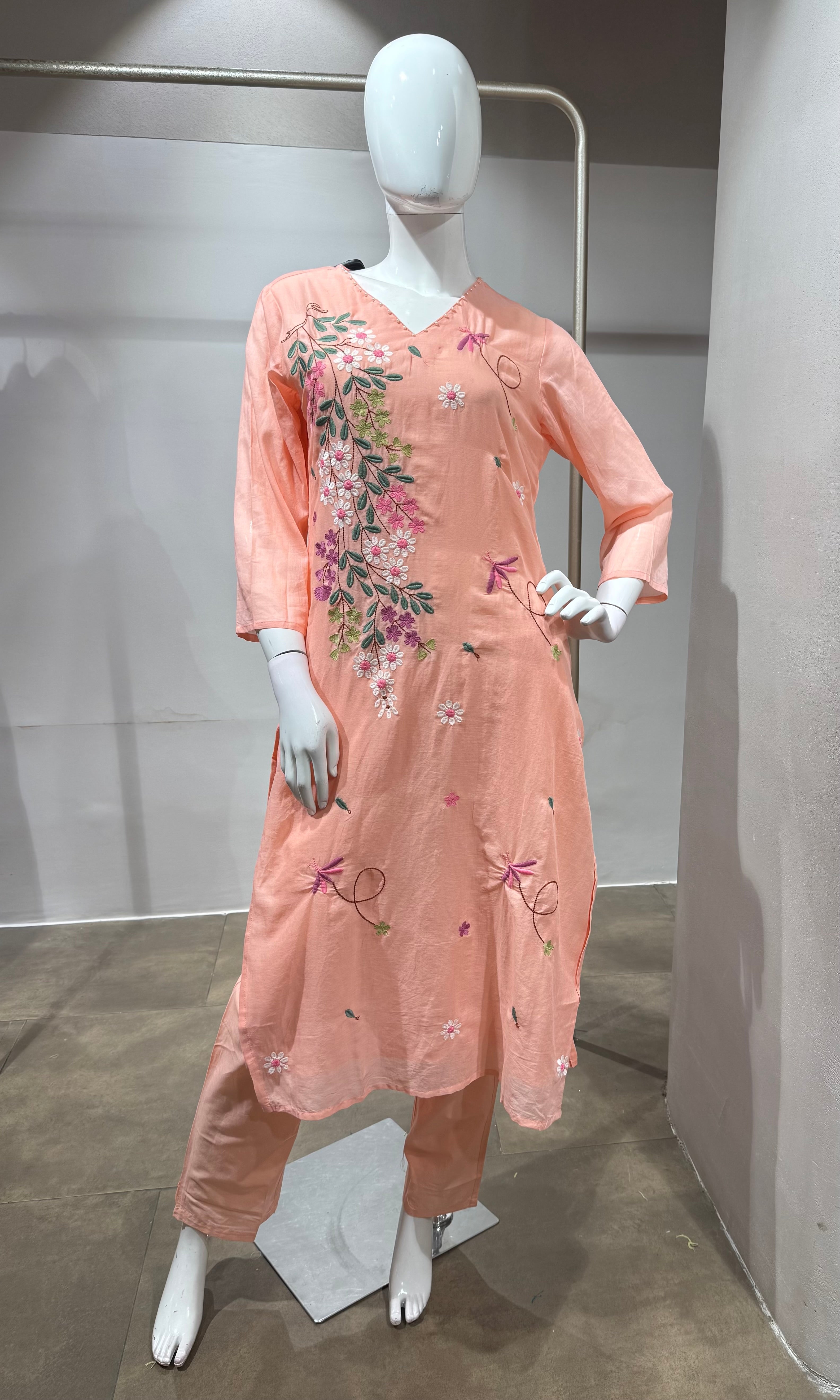 Peach Pastel Floral Embroidered Kurta Set with Dupatta