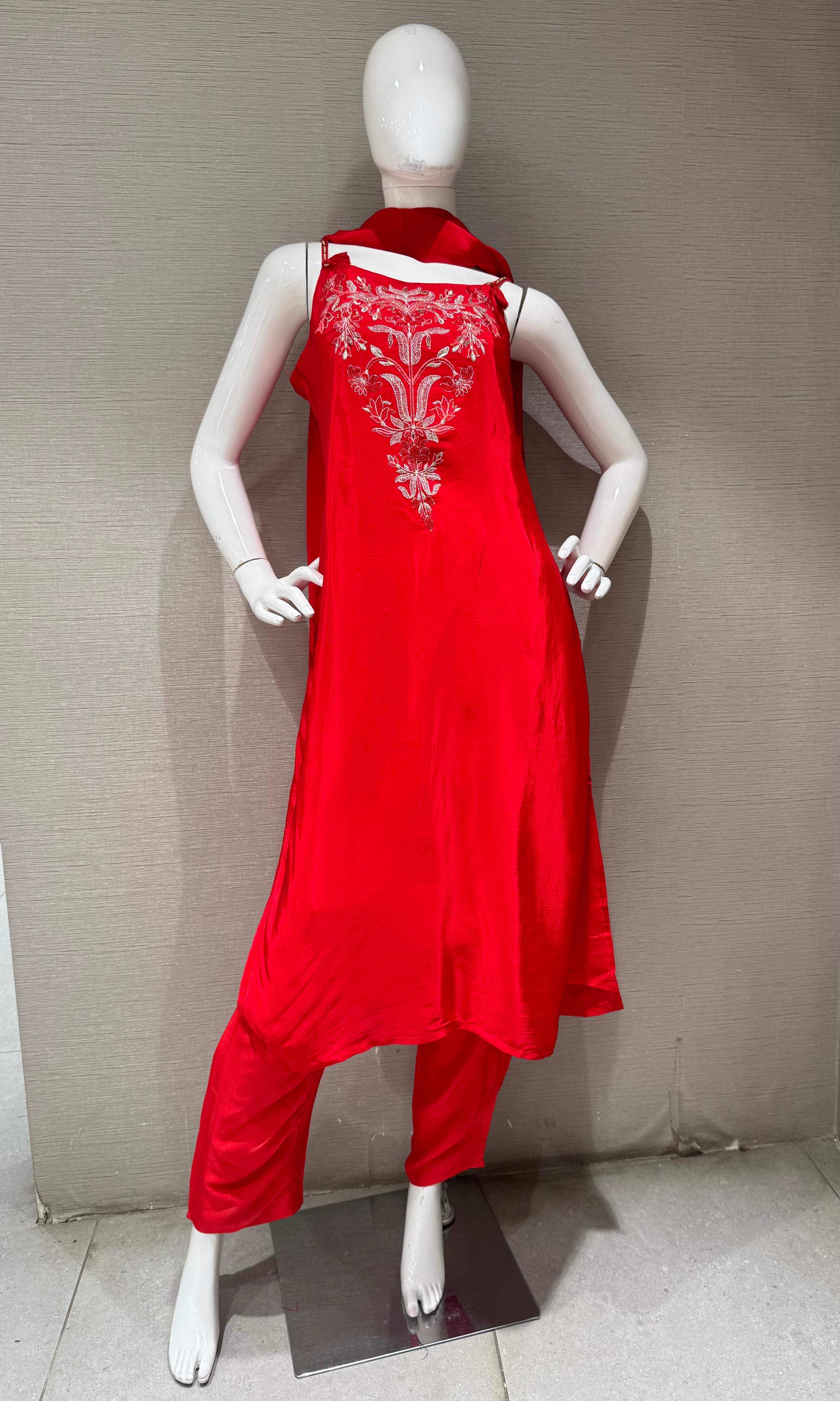 Ruby Red Floret Embroidered Kurta set