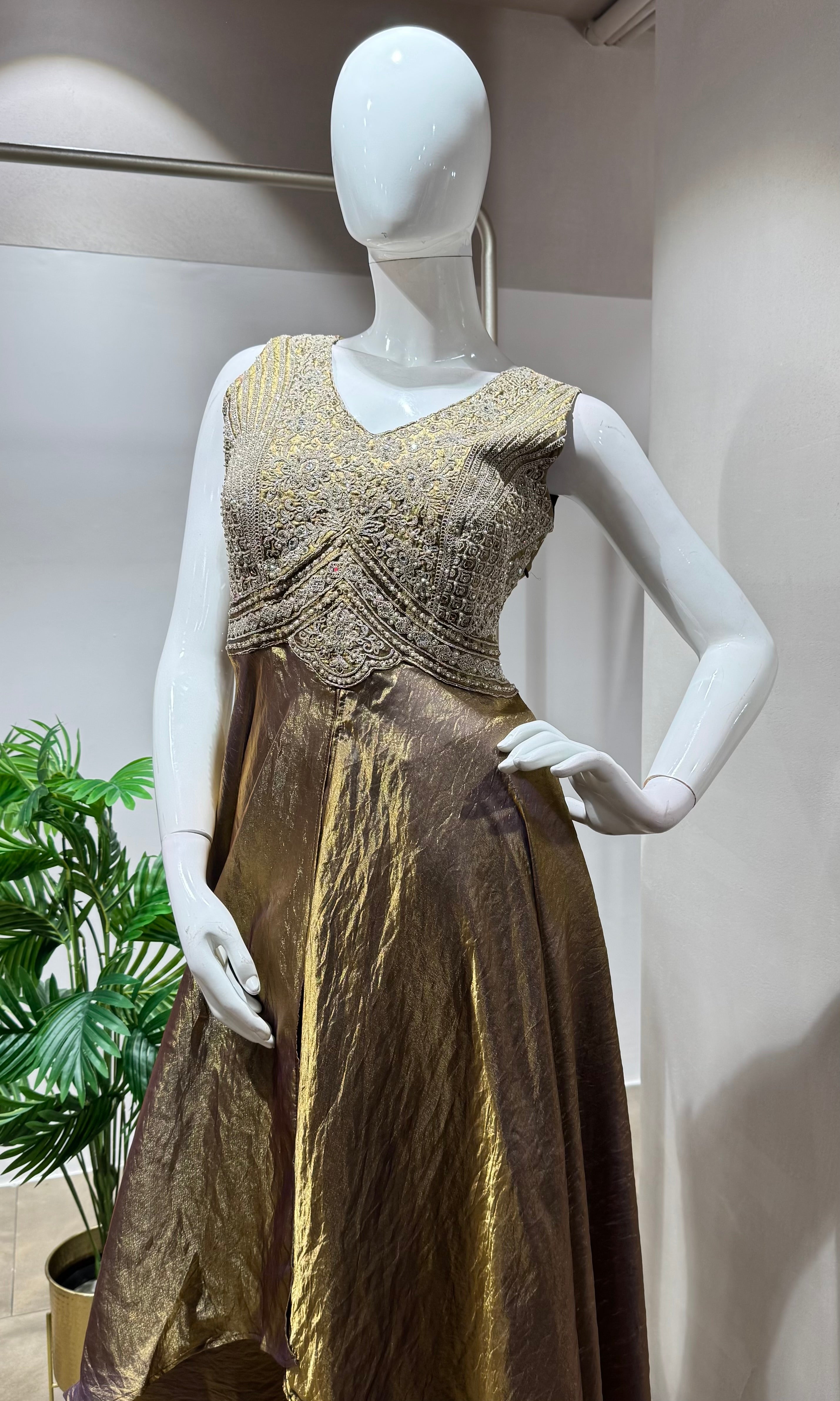 Brown gold shimmer tissue A line anarkali