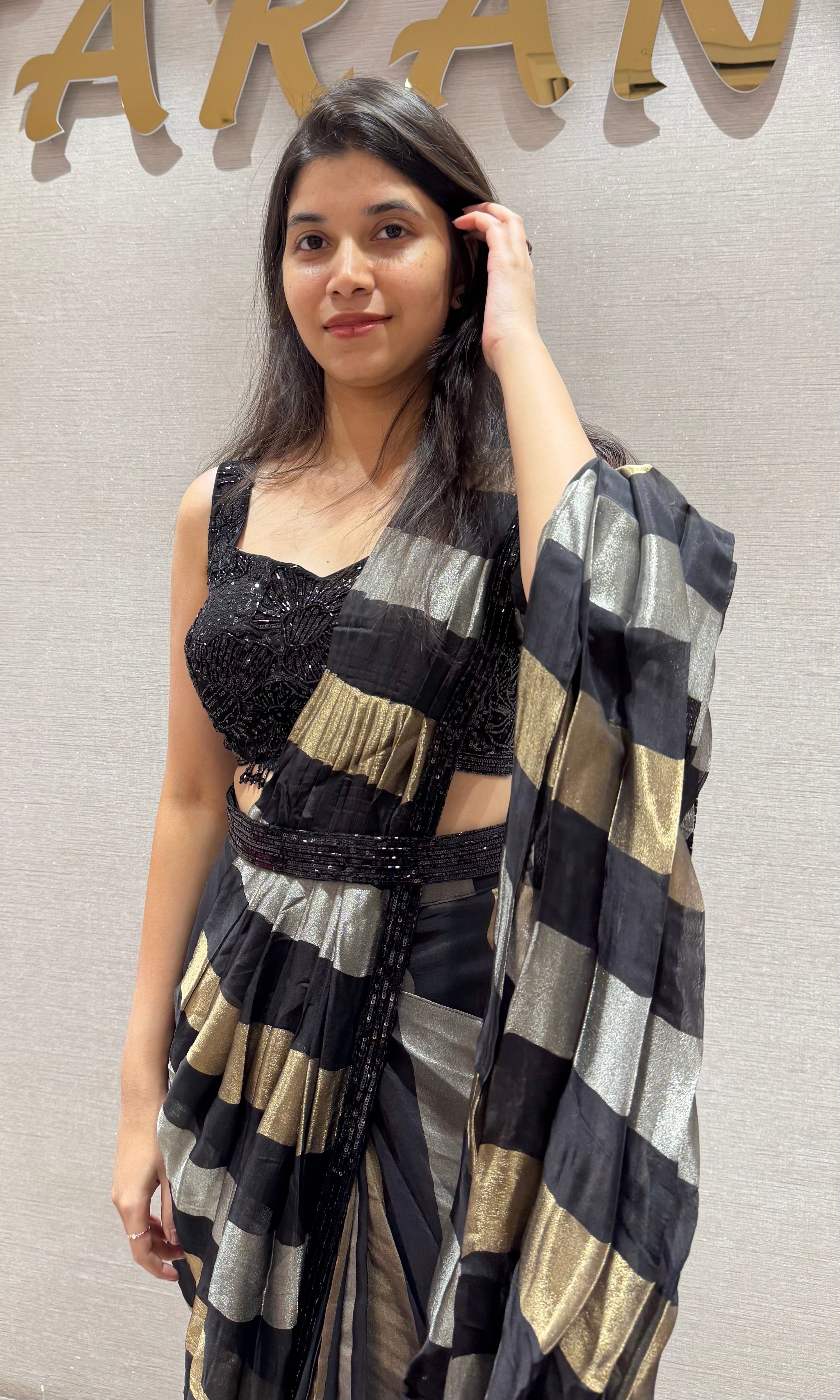 Black Tissue Drape Saree With Belt