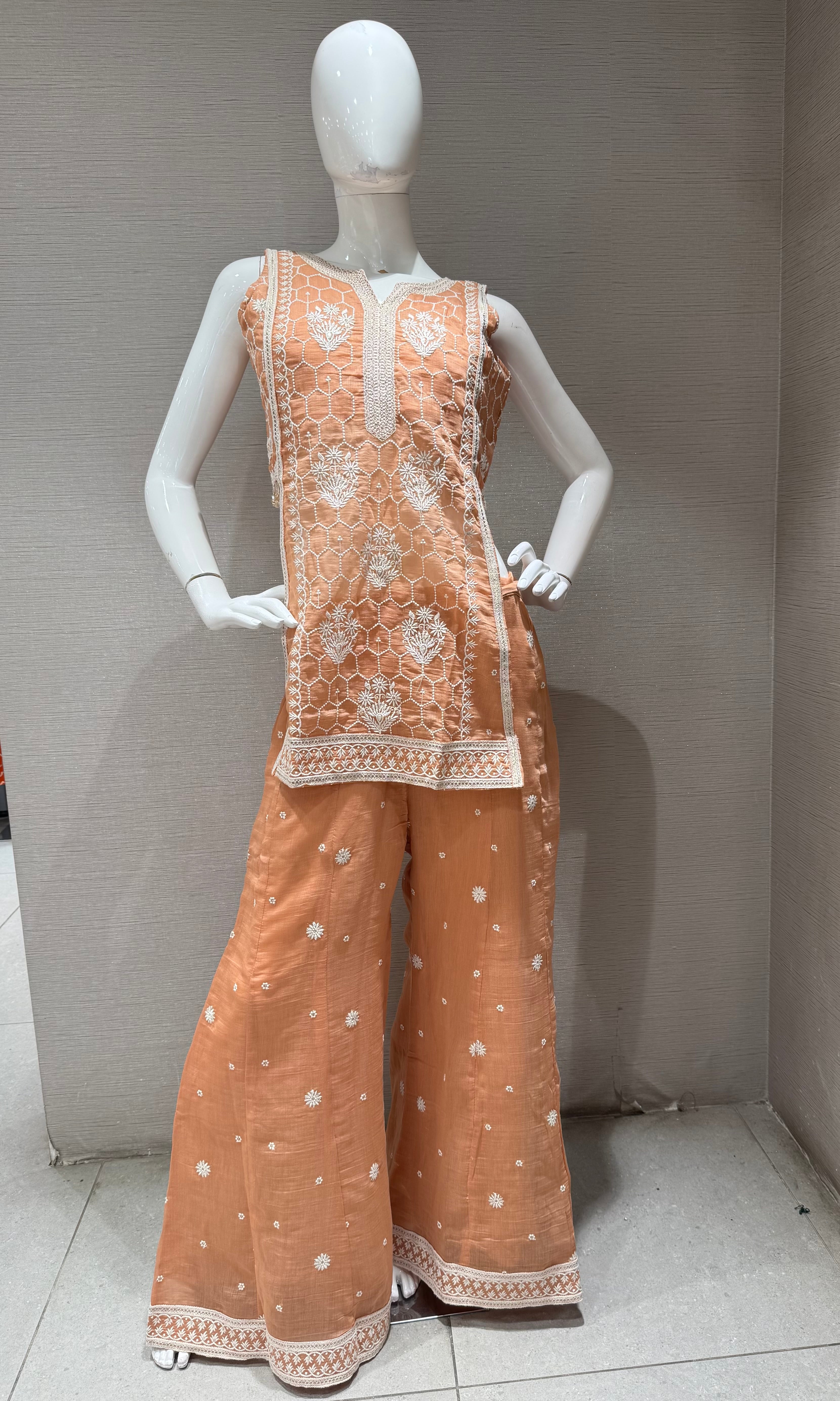 Peach Floral Embroidered Palazzo with Sheer Dupatta