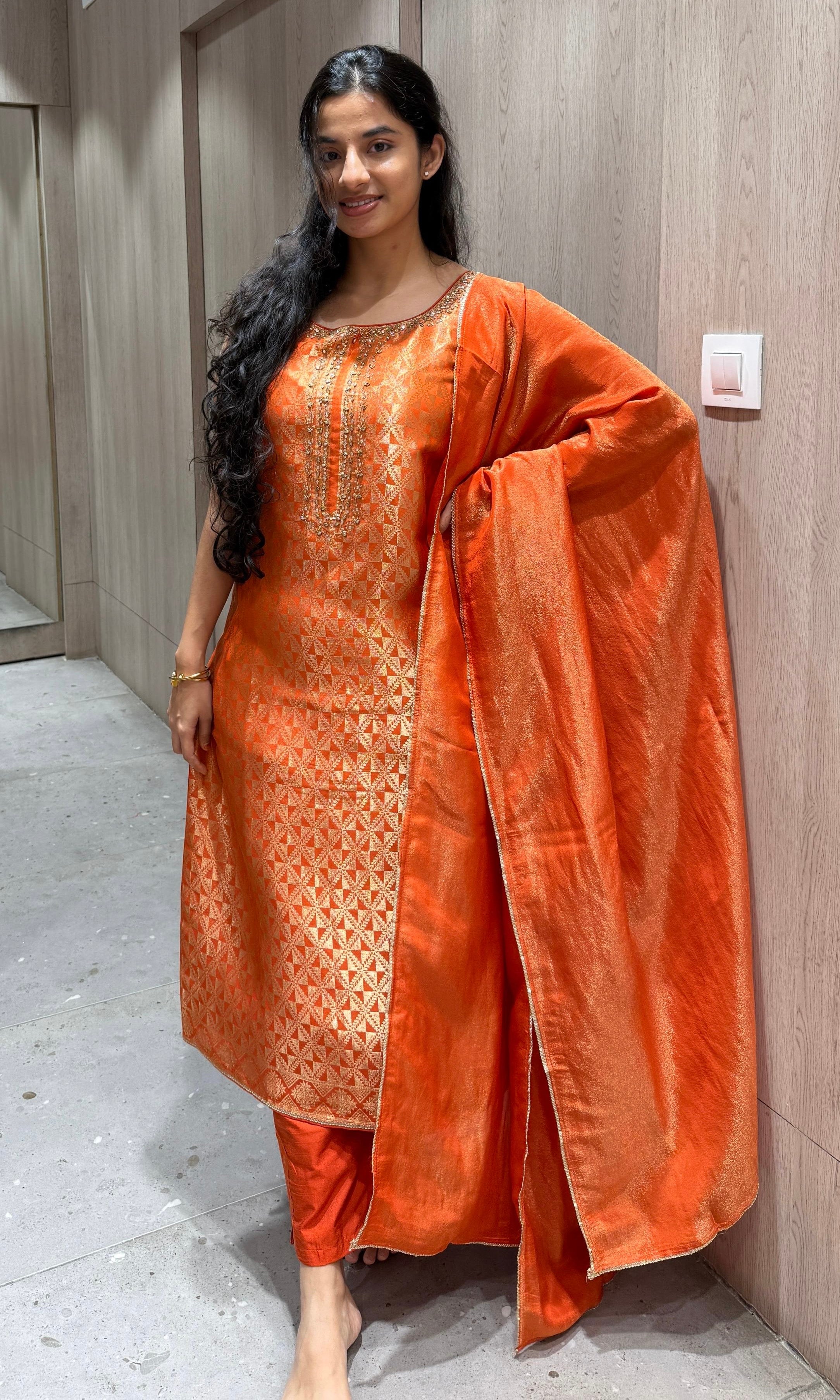 Orange and gold embroidered Kurta Set