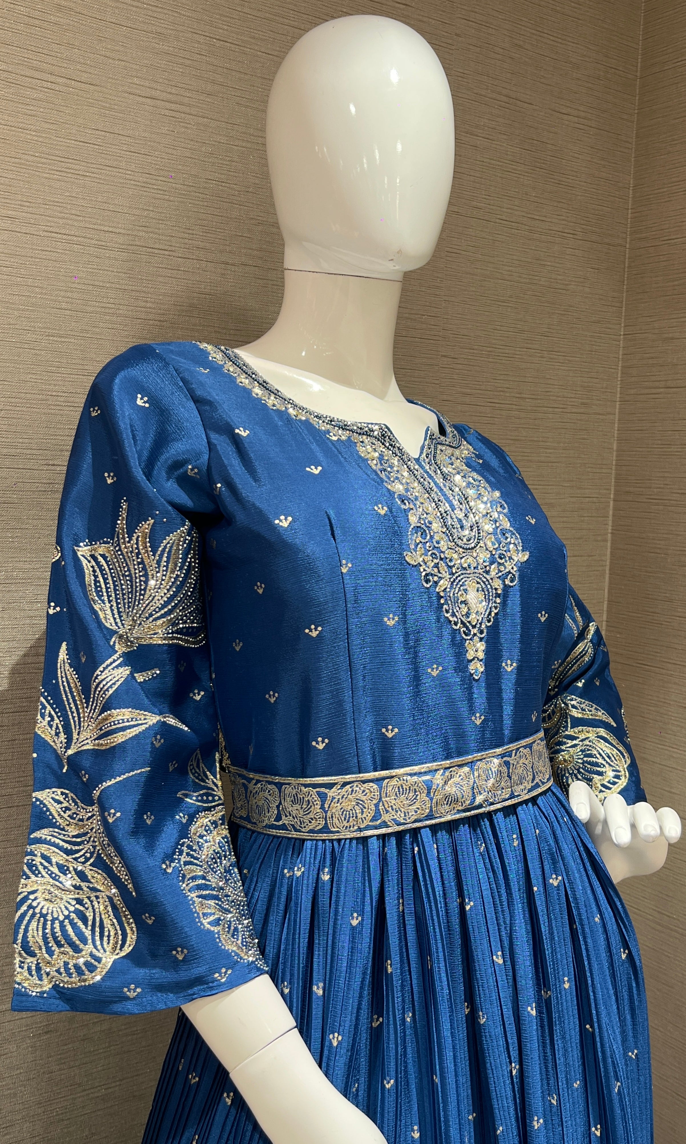 Dark Blue long anarkali with gold embroidered