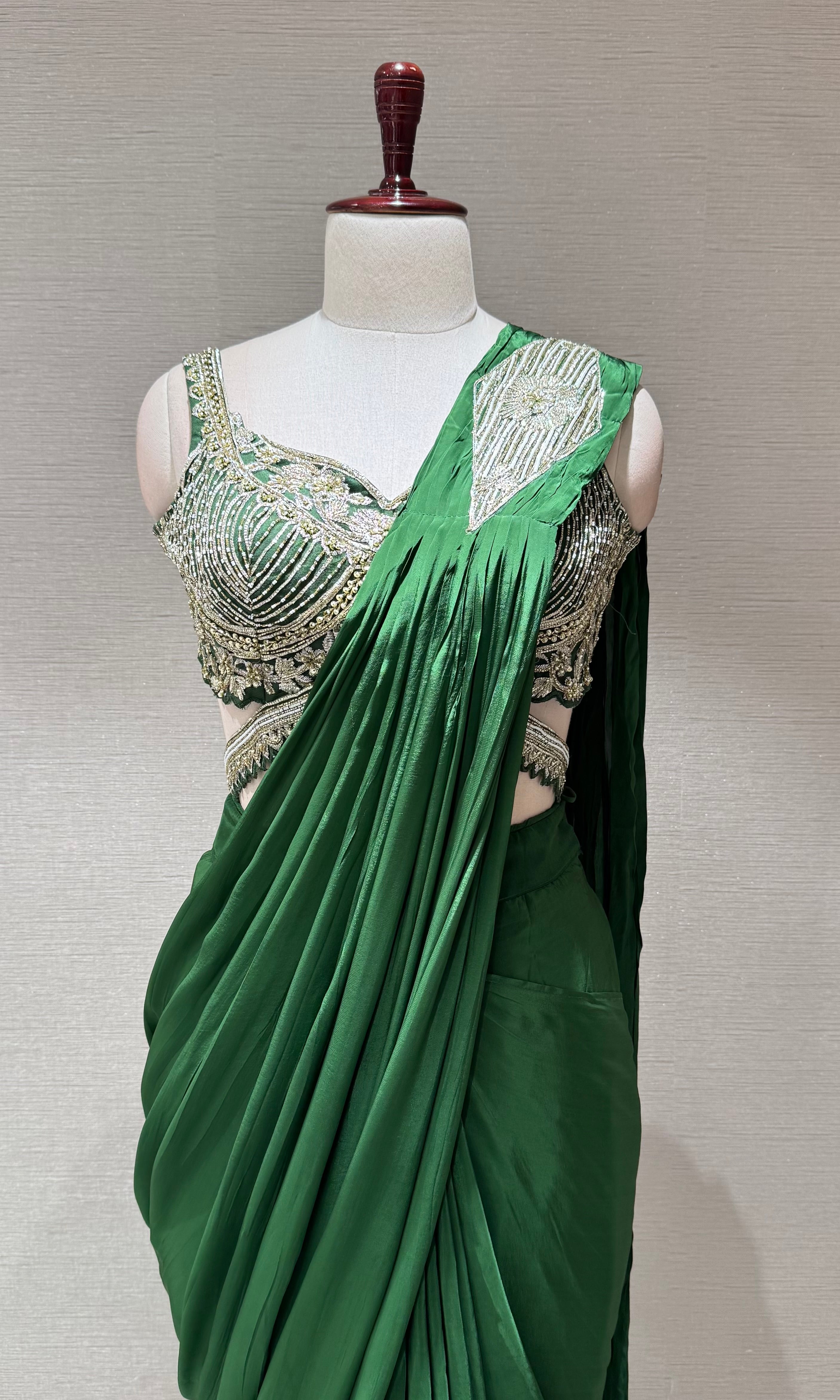 Green Draped Saree with Embellished Silver Blouse