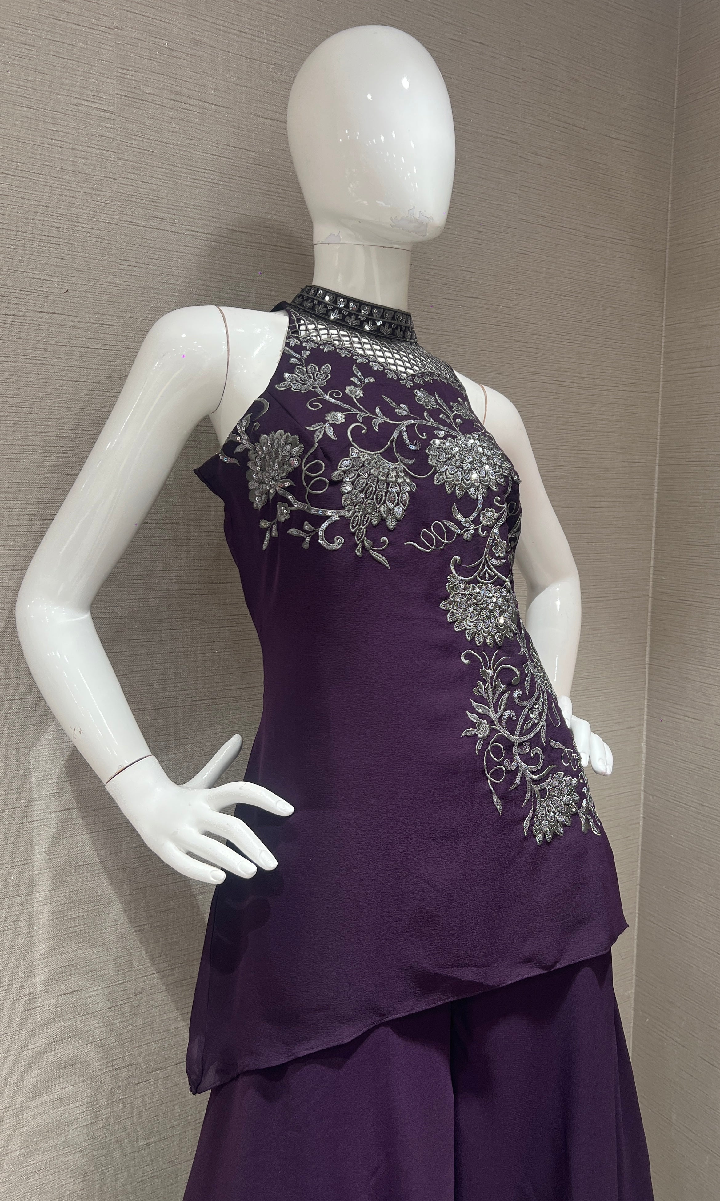 Wine ethnic floral halter peplum palazzo set