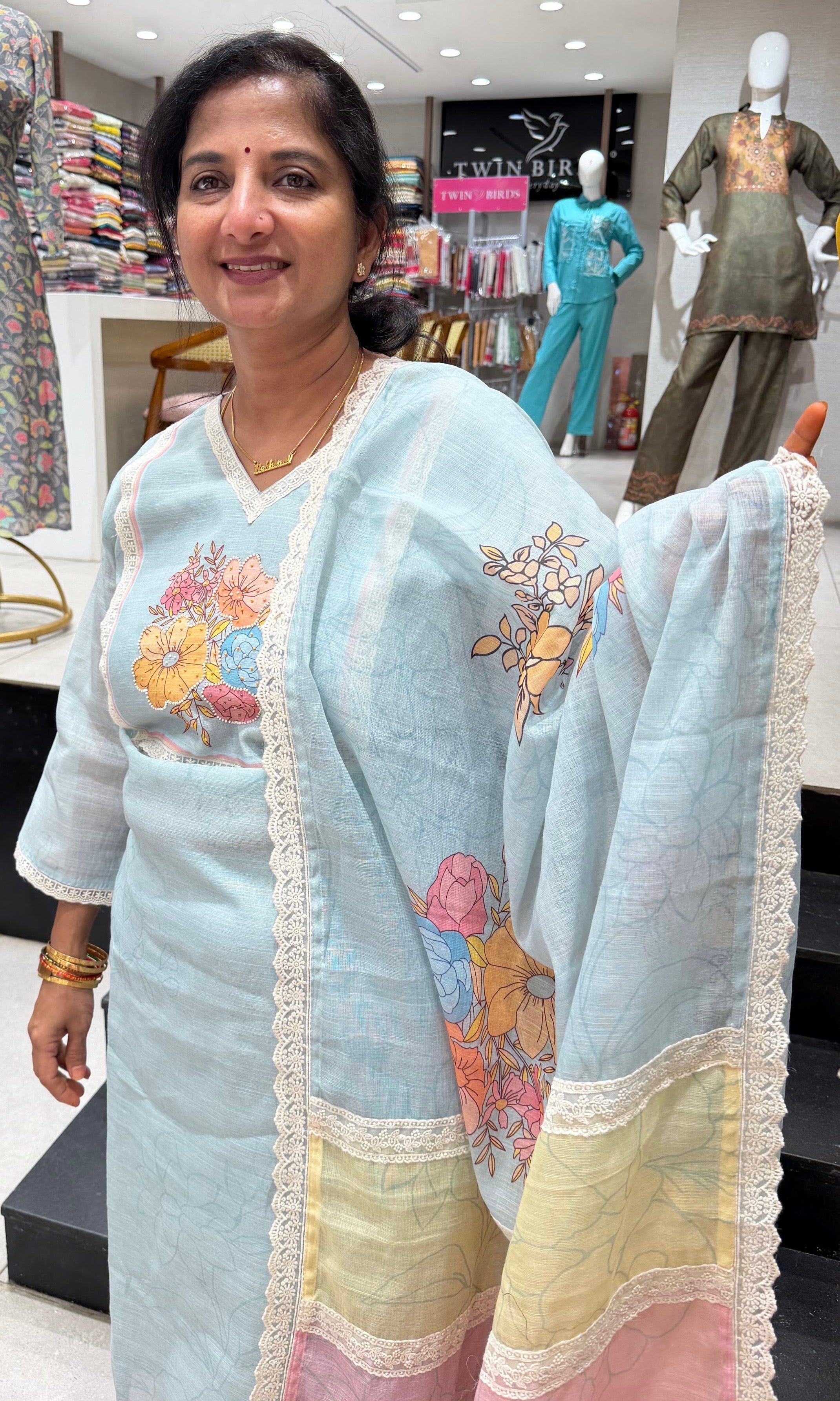 Sky Blue Straight Kurta Set with Multicolor Pastel dupatta
