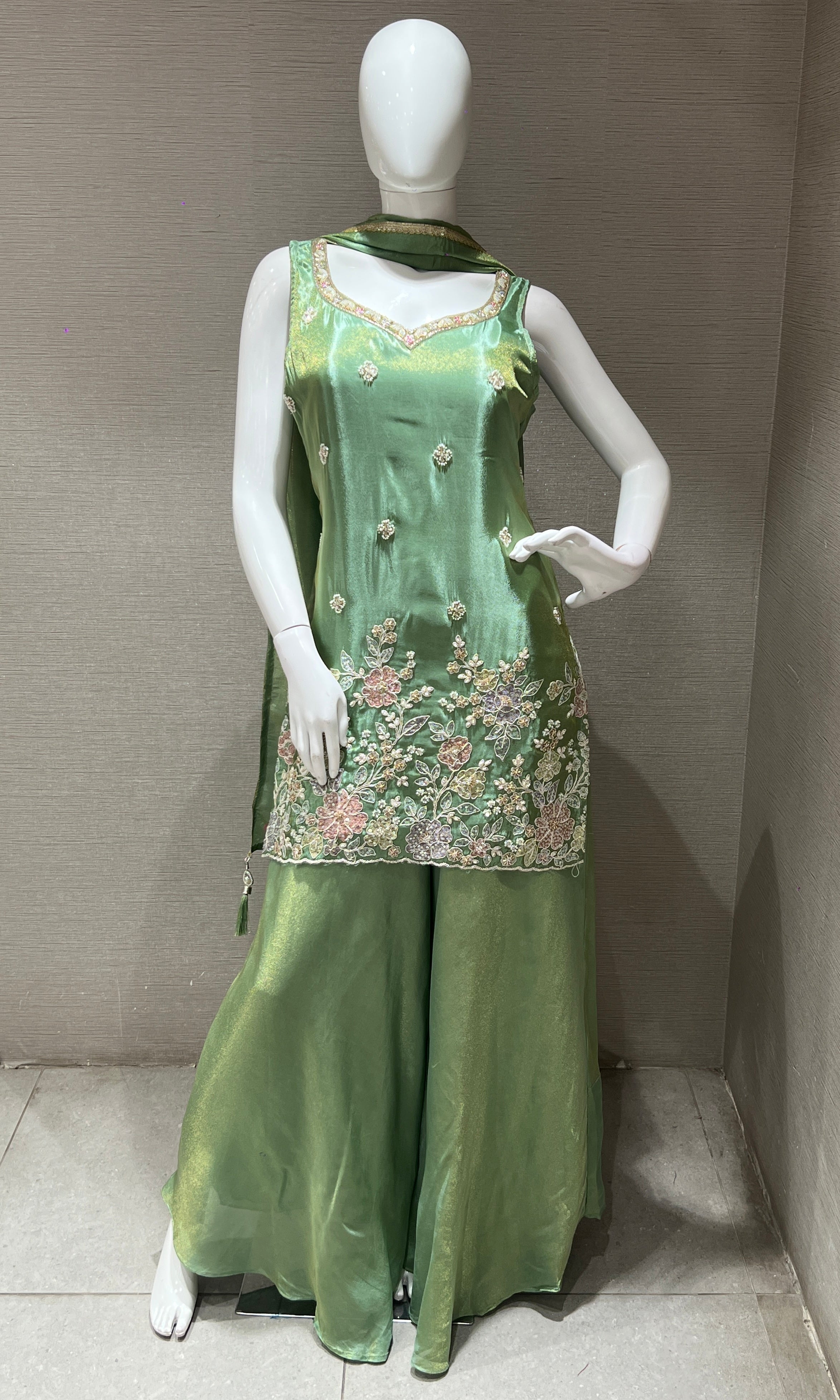 Light Green Floral Embroidered Palazoo