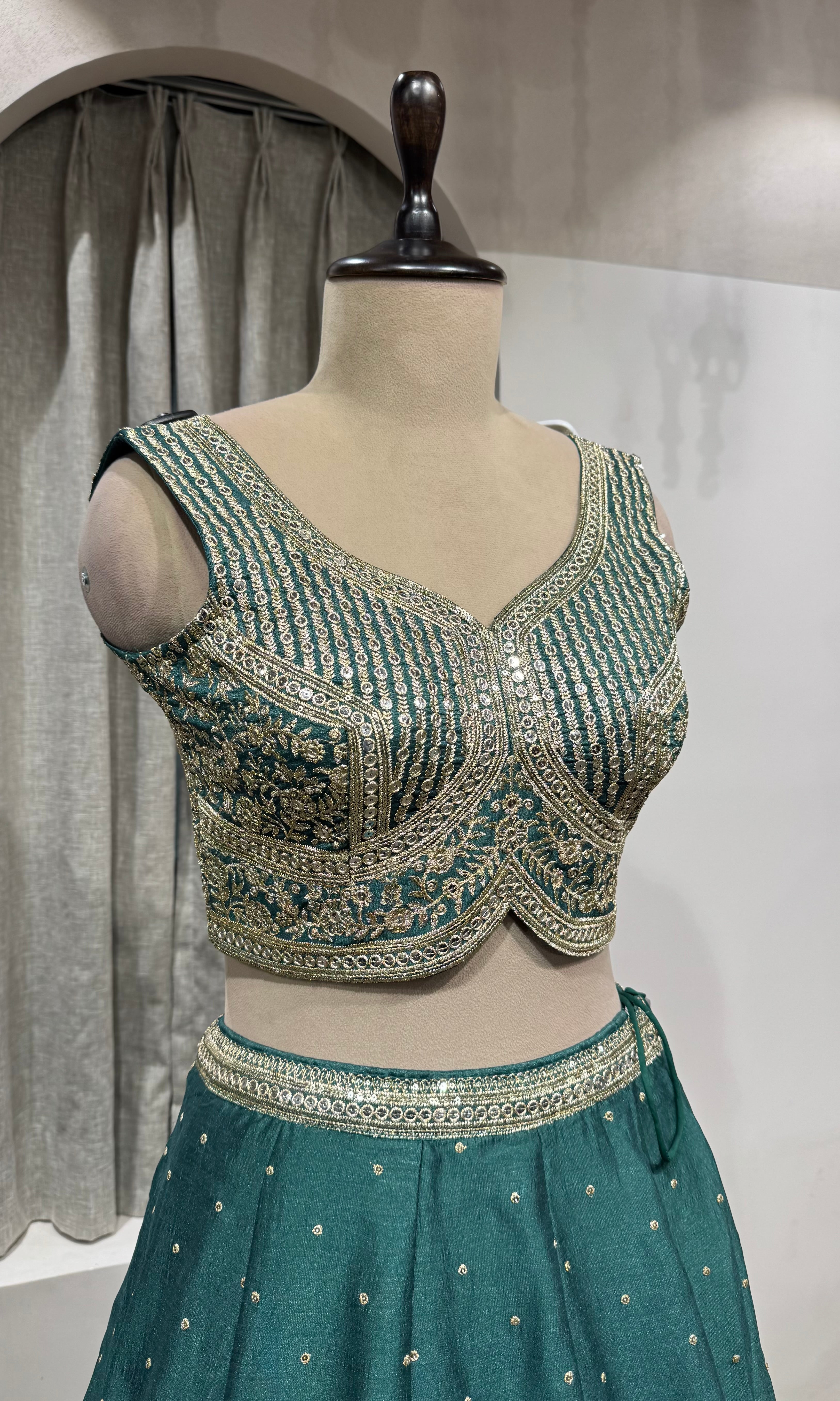 Green silver and gold embroidery lehenga set