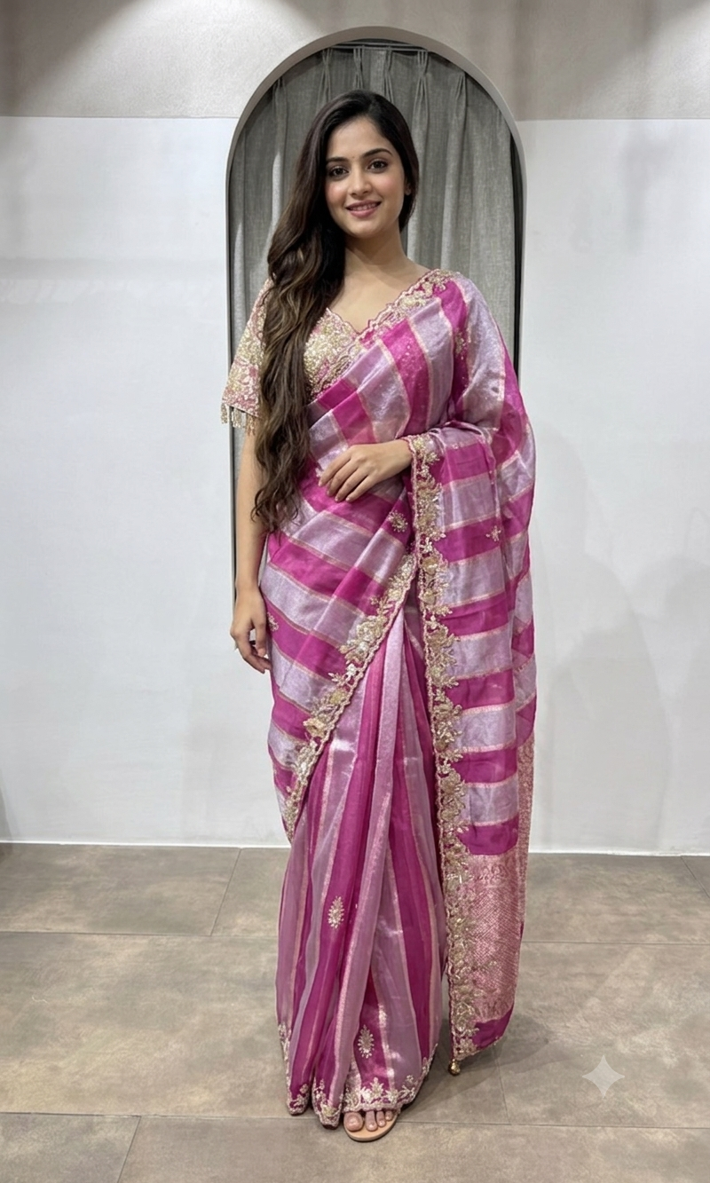 WINE Leheriya saree with embroidered blouse